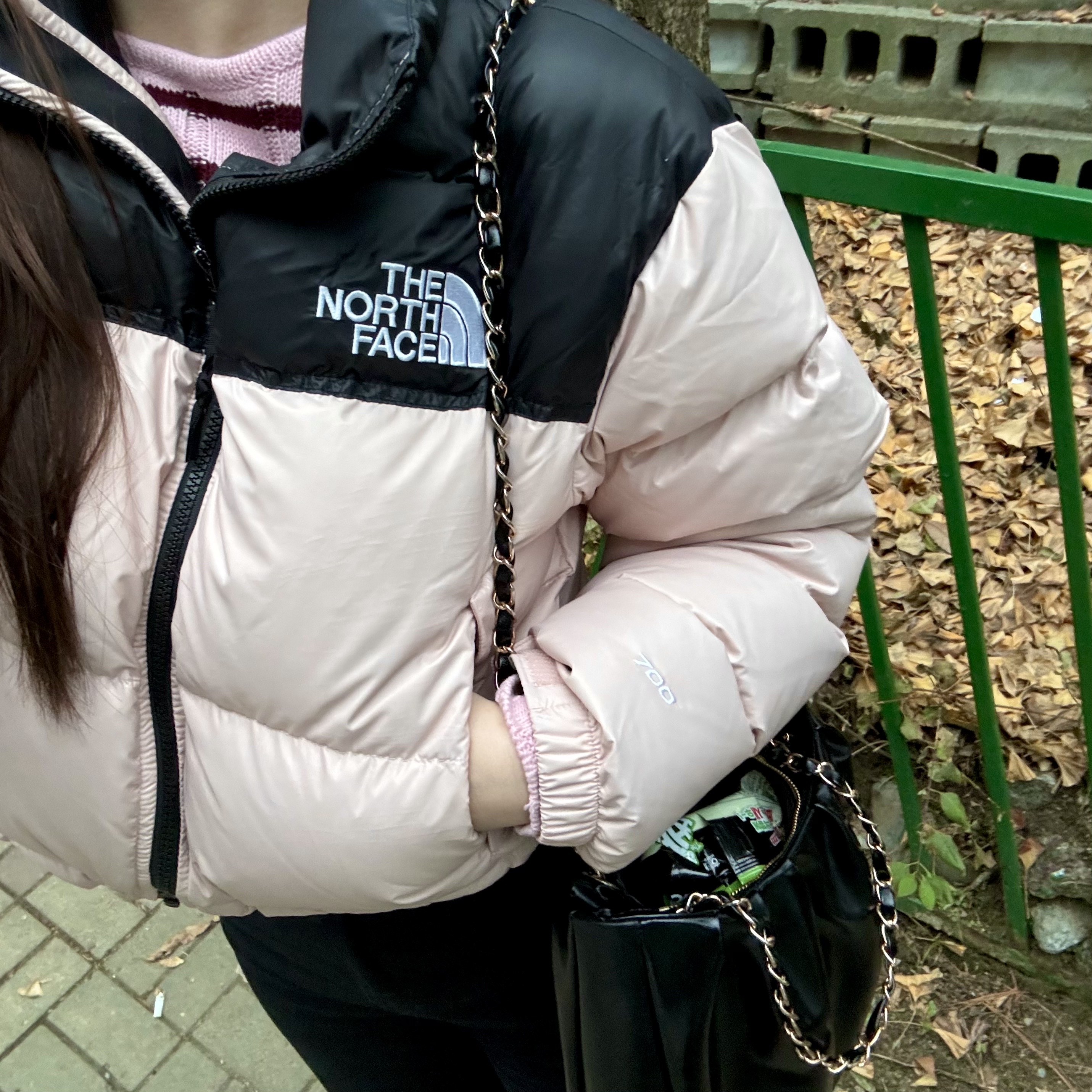 (W) The North Face Nuptse Short Jacket Pink Moss 착용 스타일 - 1