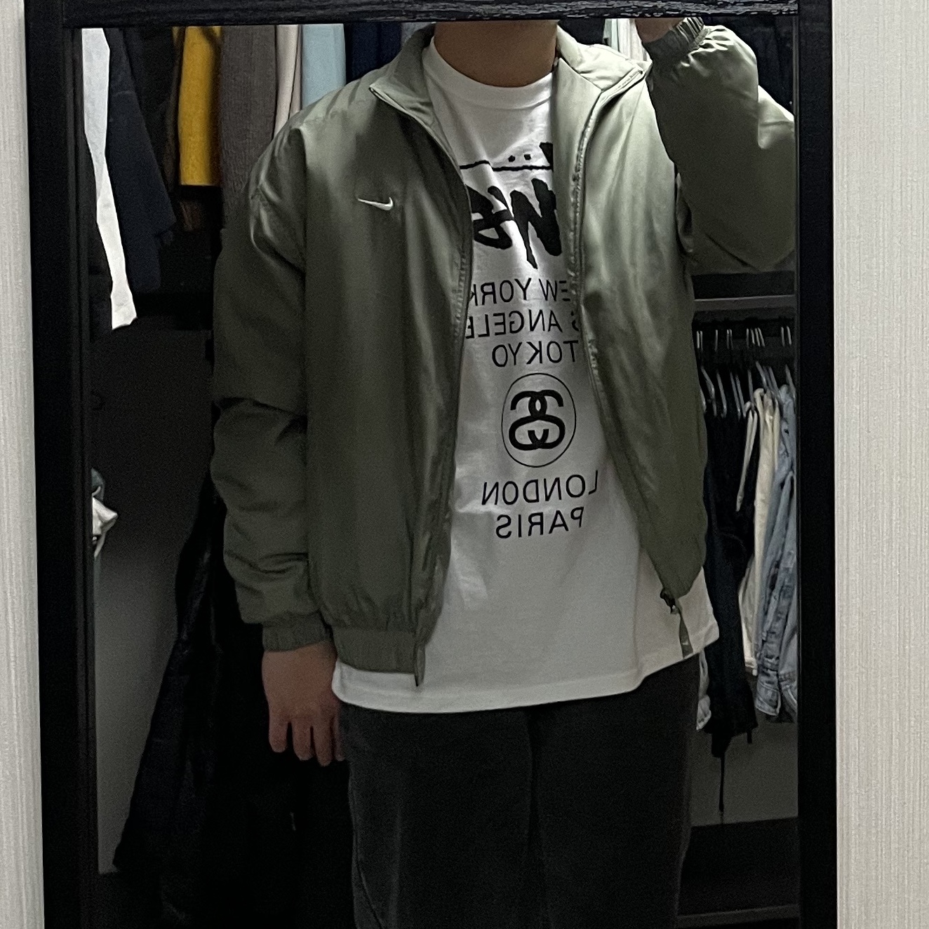 Nike NRG Solo Swoosh Satin Bomber Jacket Light Army - Asia, Stussy World Tour LS T-Shirt White 2023 착용 스타일