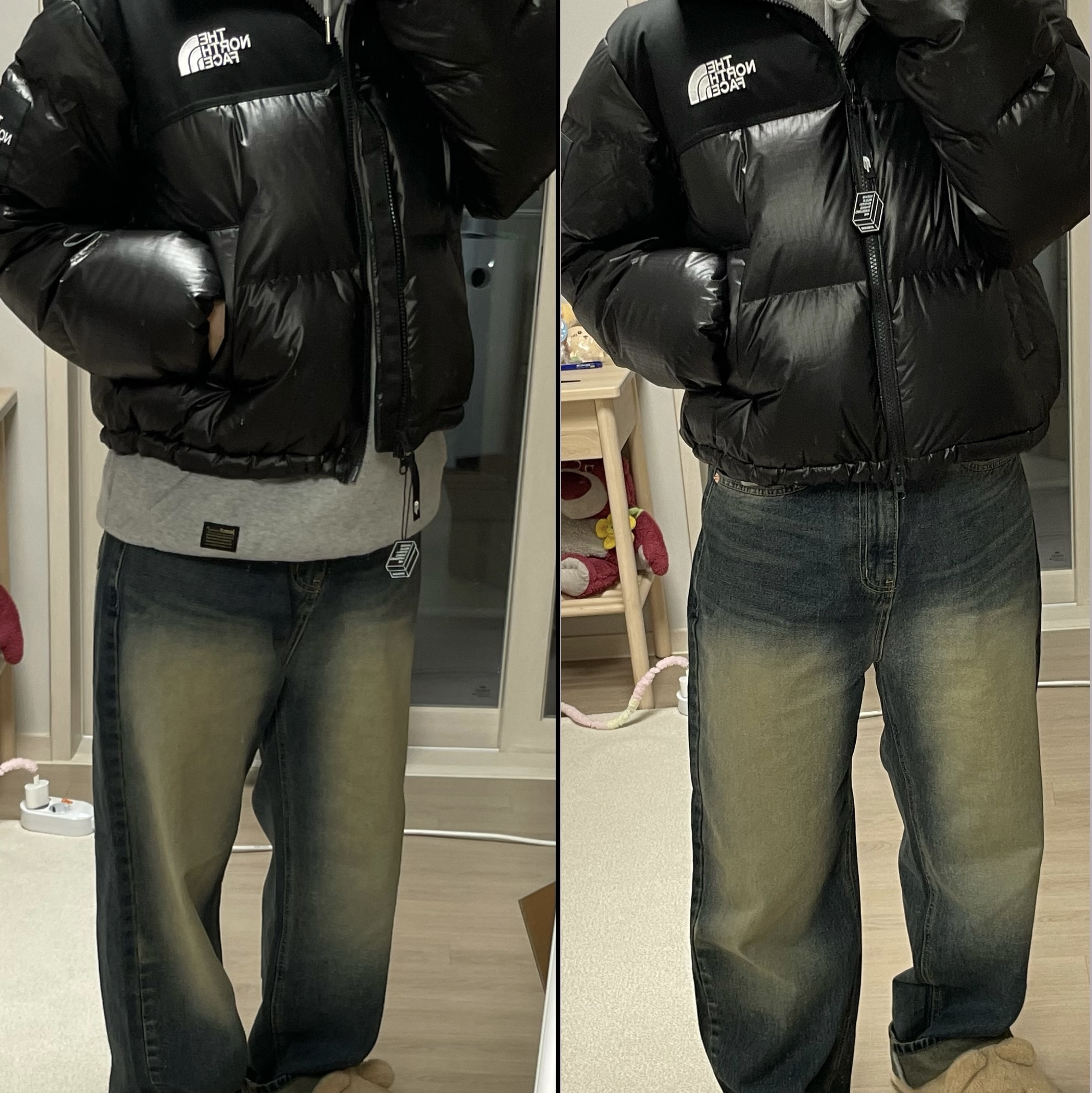(W) The North Face White Label Novelty Nuptse Down Jacket Black 착용 스타일