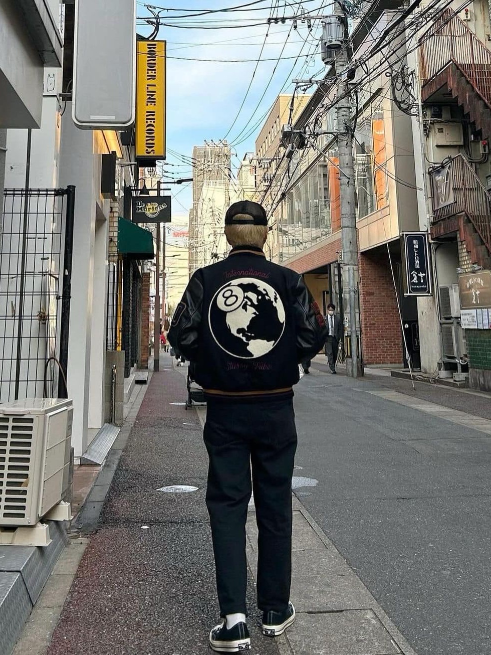 Stussy 40th Anniversary IST Jacket (Seoul), Stussy x Our Legacy x Denim Tears TTL Varsity Jacket Black 착용 스타일 - 3
