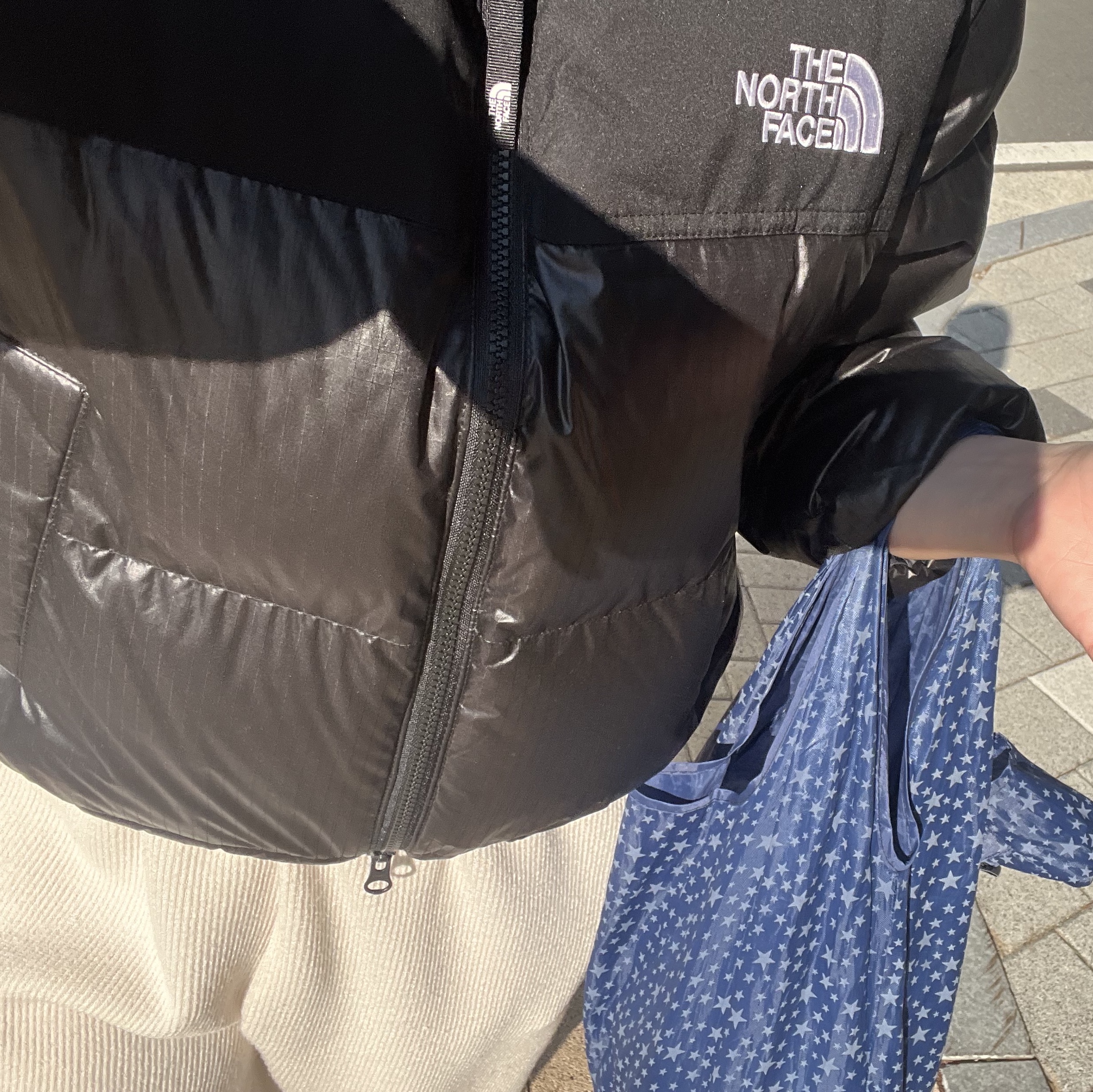 (W) The North Face White Label Novelty Nuptse Down Jacket Black 착용 스타일