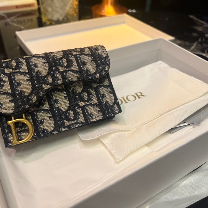 Dior Saddle Flap Card Holder Blue Dior Oblique Jacquard 착용 스타일 - 1