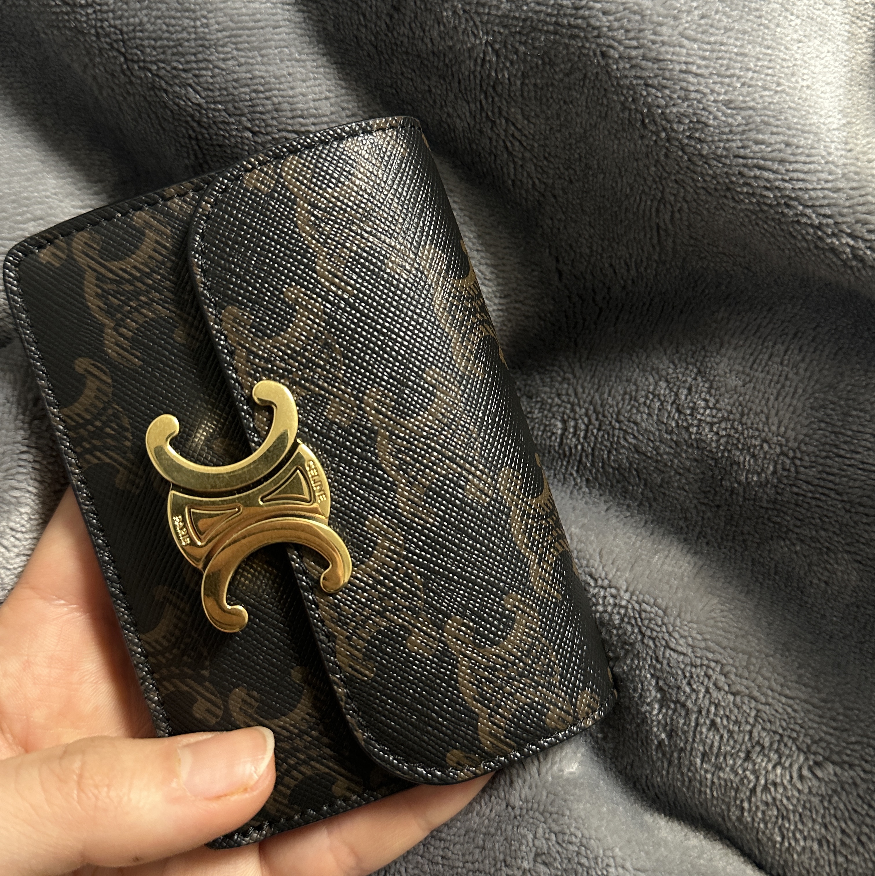 Celine Card Holder with Flap in Triomphe Canvas Tan 착용 스타일 - 2