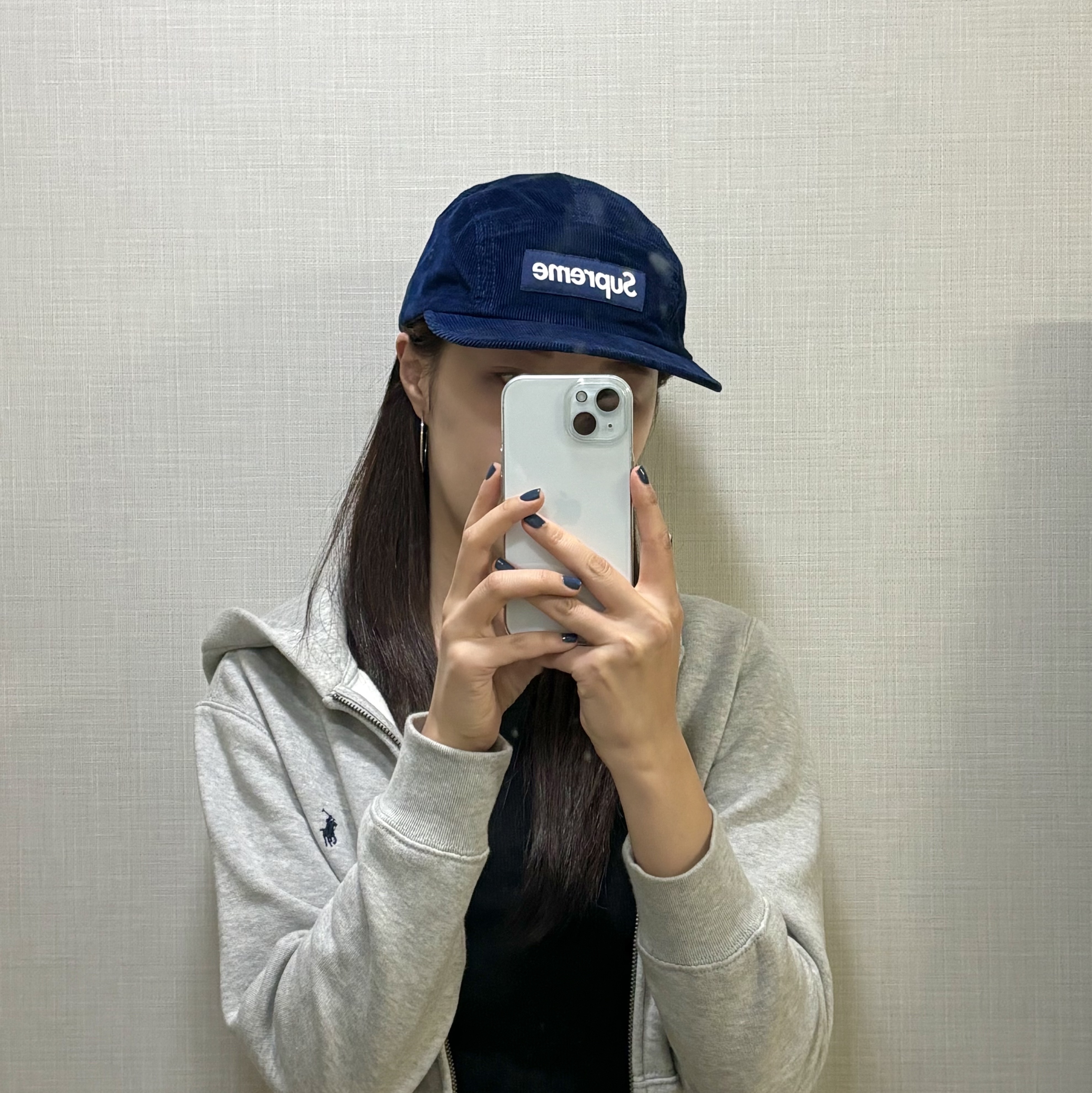 Supreme Corduroy Camp Cap Navy - 23FW, Apple iPhone 15 512GB Blue (Korean Ver.) 착용 스타일