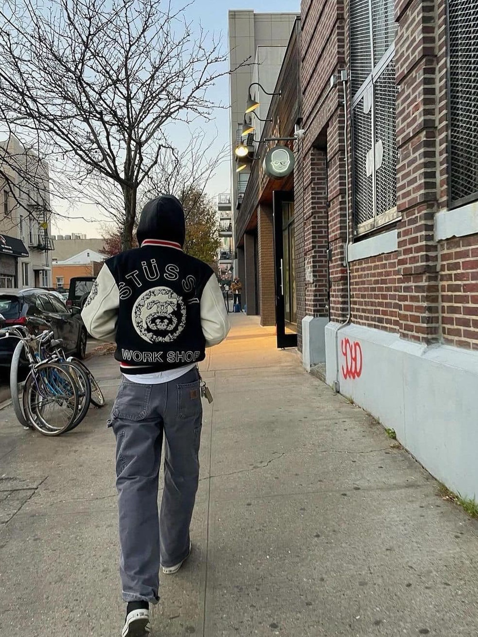 Stussy 40th Anniversary IST Jacket (Seoul), Stussy x Our Legacy x Denim Tears TTL Varsity Jacket Black 착용 스타일 - 5