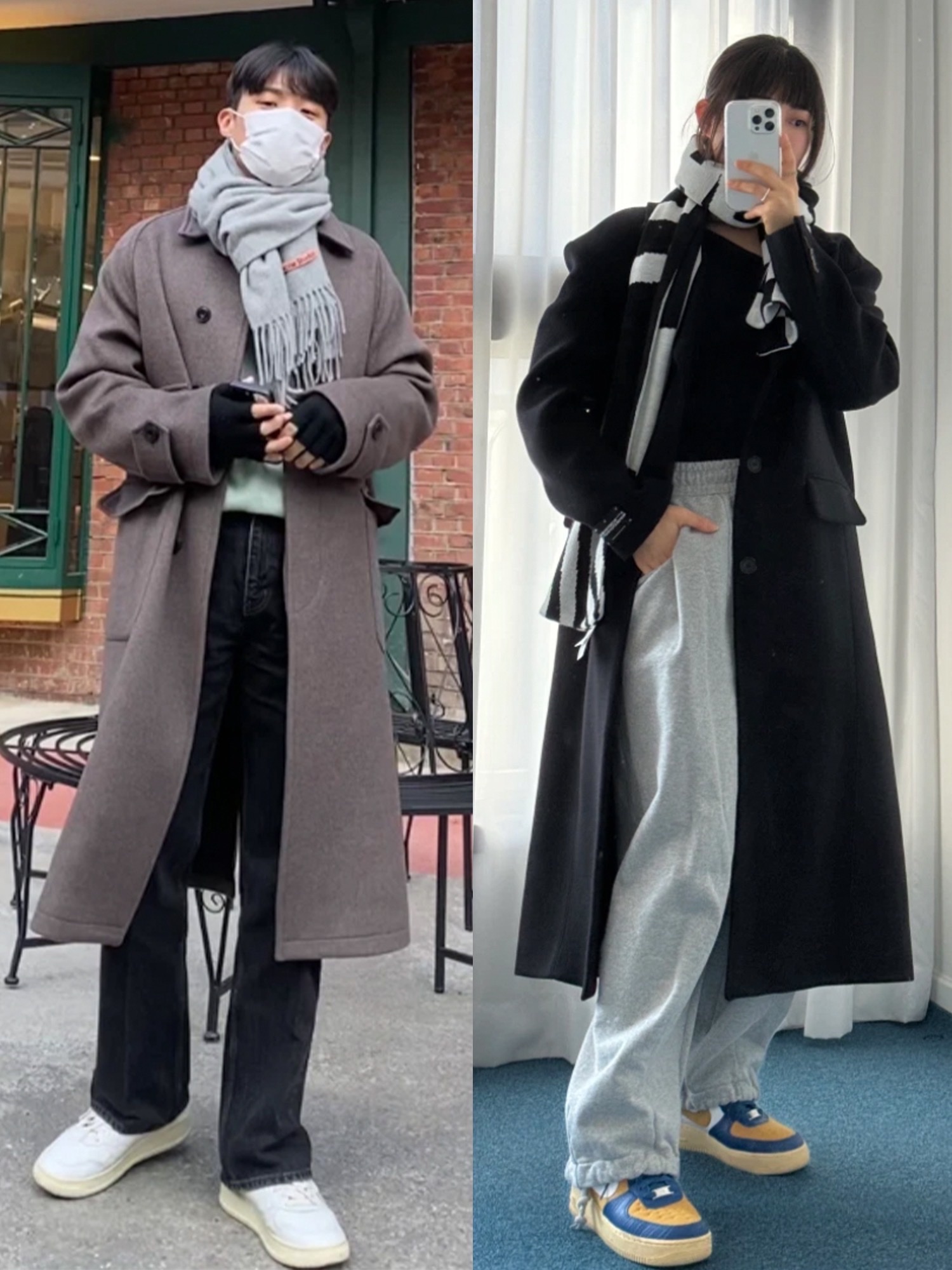 Acne Studios Tartan Check Muffler Blue Beige, Acne Studios Narrow Wool Fringe Muffler Grey Melange 착용 스타일 - 2