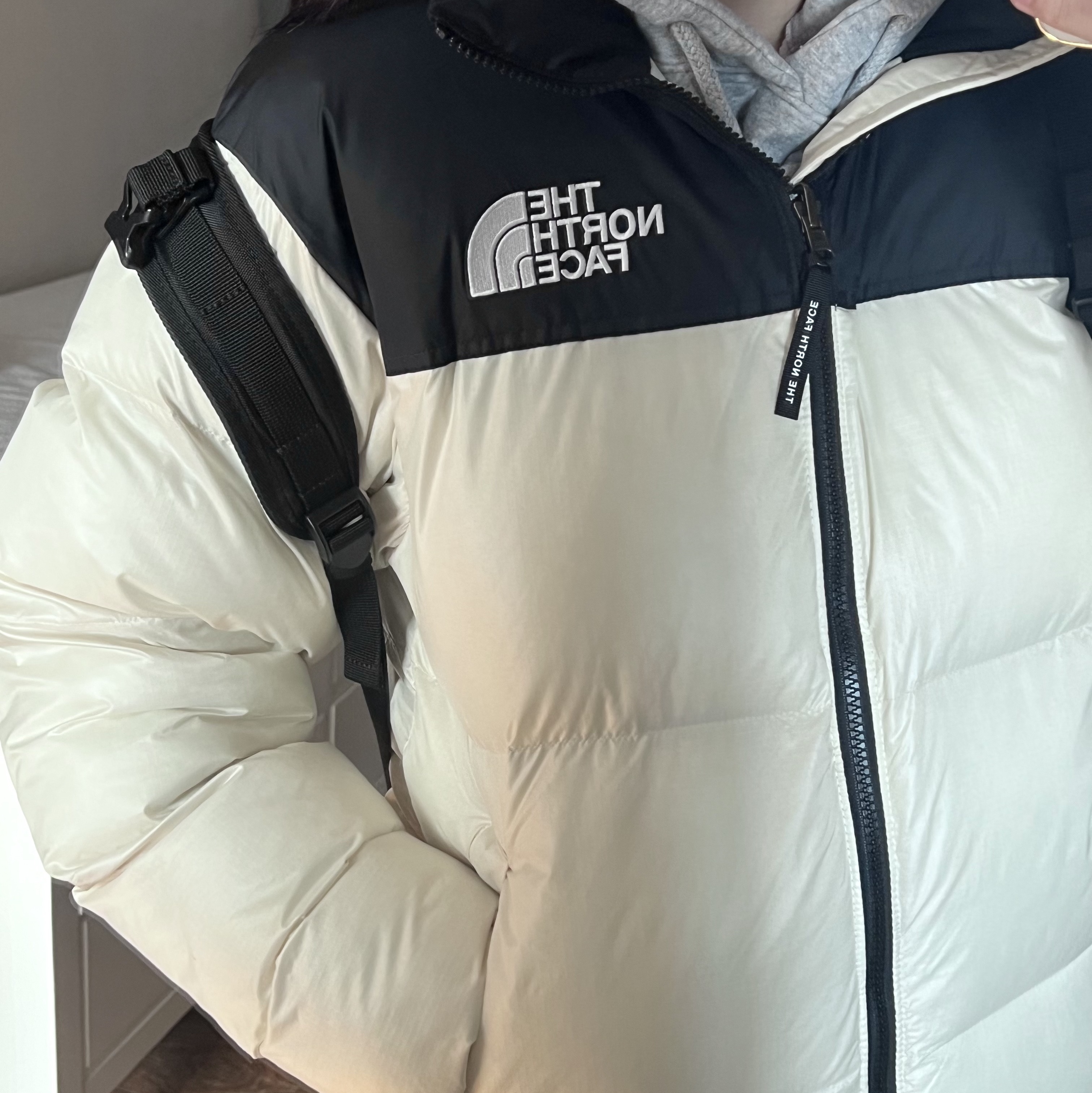 The North Face Nuptse On Ball Jacket SE Cream 착용 스타일