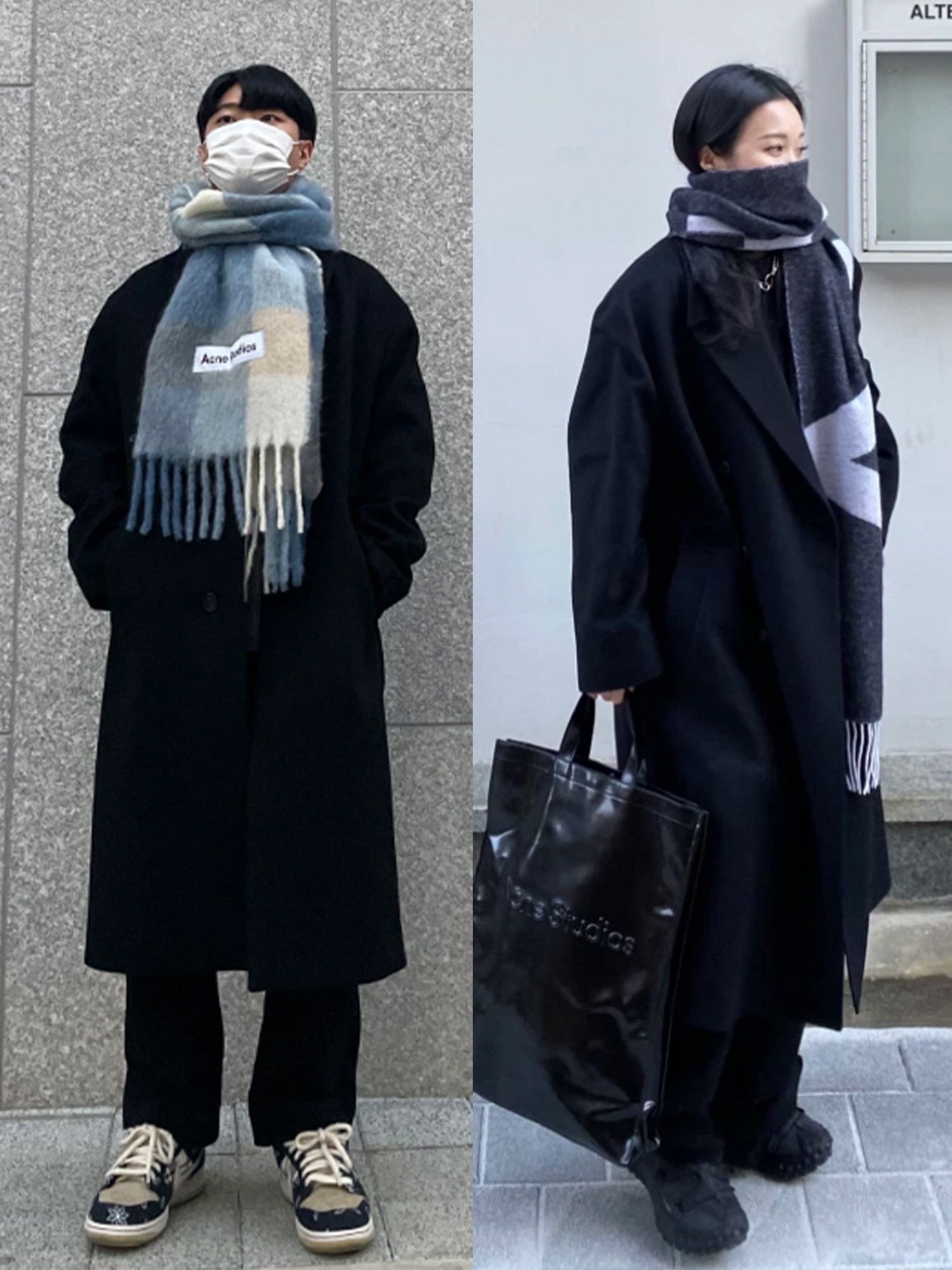 Acne Studios Tartan Check Muffler Blue Beige, Acne Studios Narrow Wool Fringe Muffler Grey Melange 착용 스타일 - 3