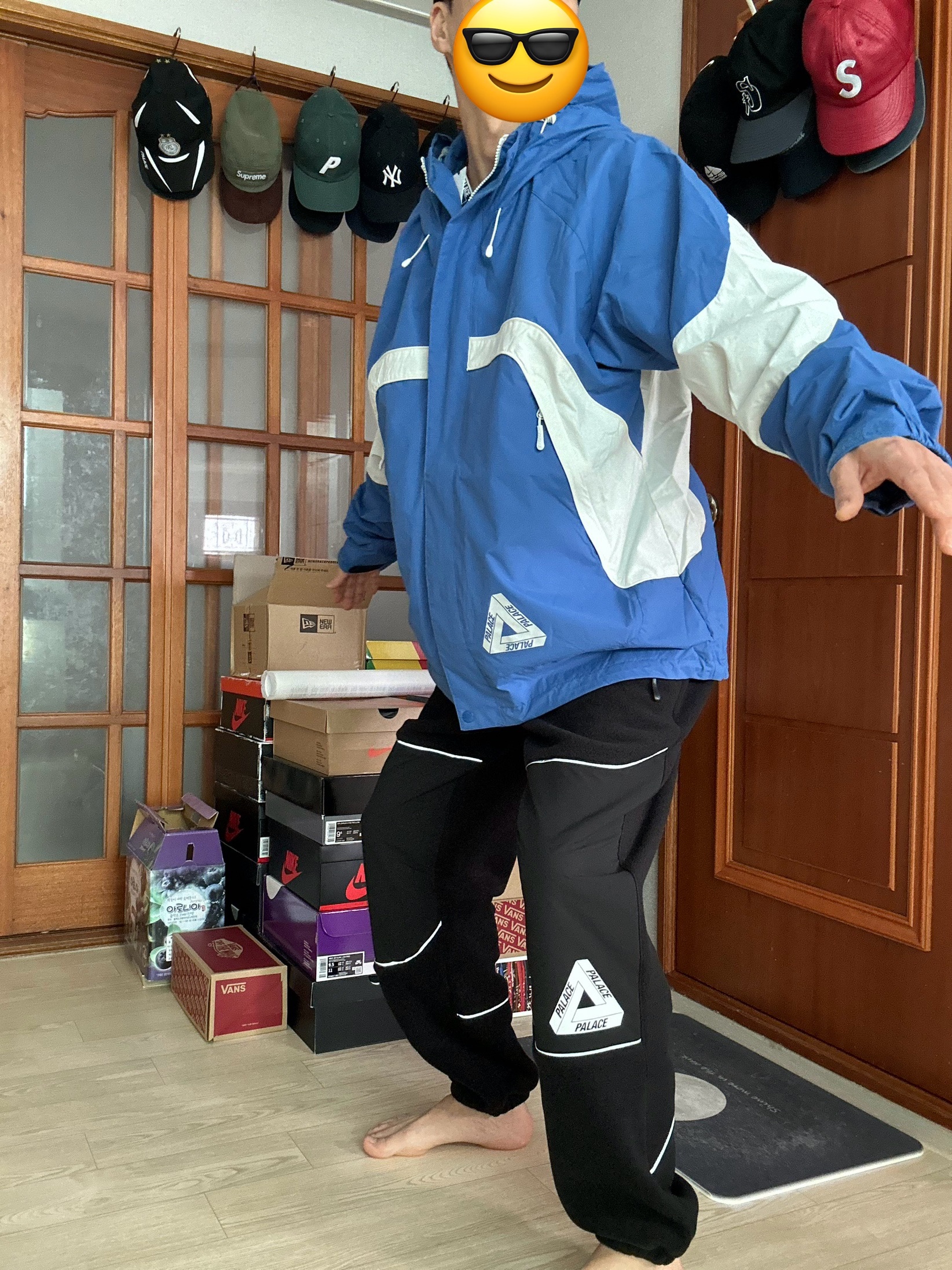 Palace Border Jacket Blue Vapour - 23FW, Palace Polartec 3M Jogger Black - 23FW 착용 스타일