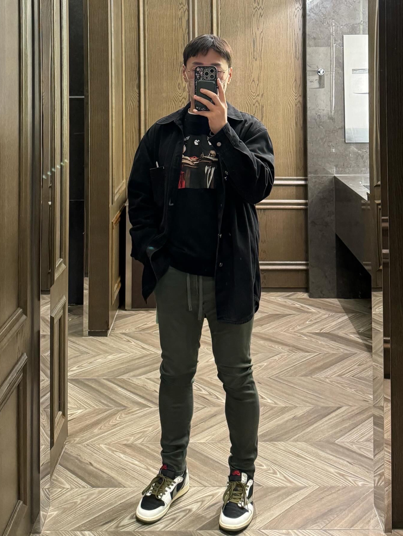 Wooyoungmi Embossing Back Logo Denim Shirt Black - 22SS, Off-White Caravaggio Painting Hoodie Black 착용 스타일 - 1