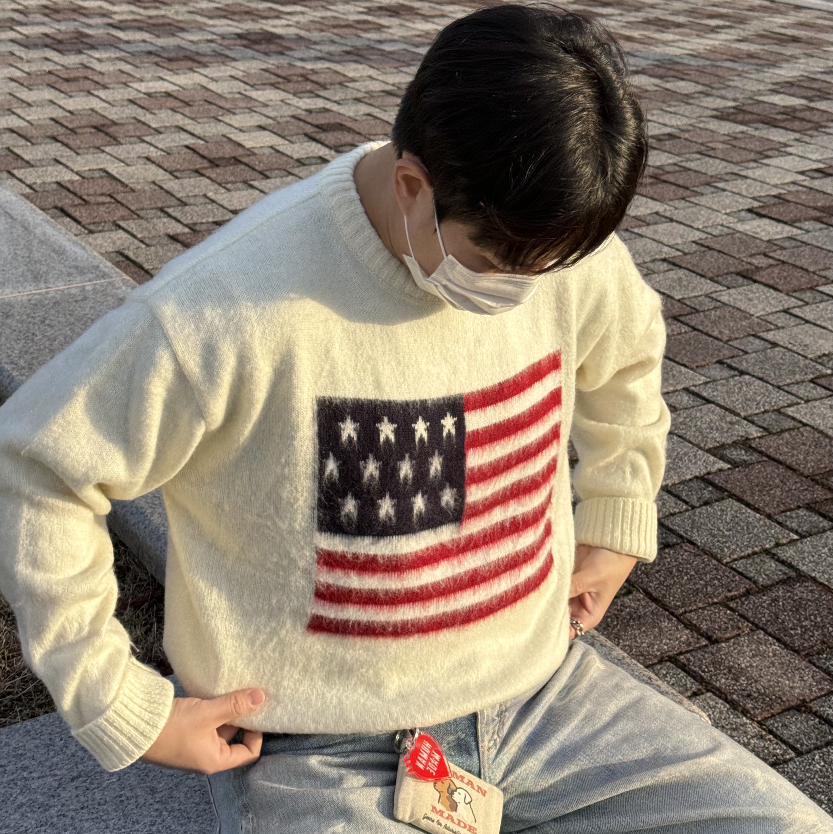 Our Legacy Third Cut Digital Denim Print, Human Made Heart Keyring Red 착용 스타일 - 2