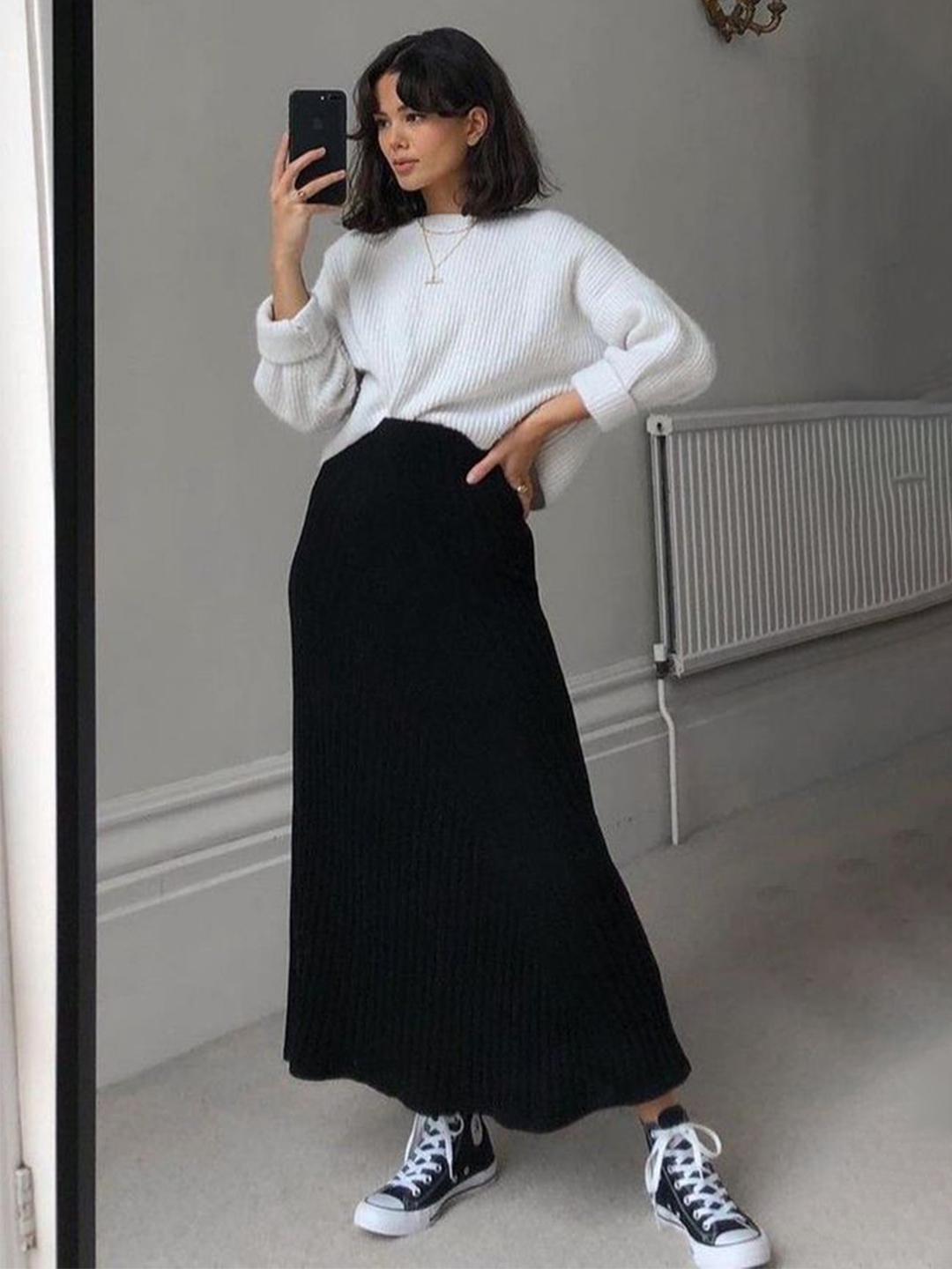 (W) Bohemian Seoul Two Pocket Leather Maxi Skirt Black, (W) Uniqlo +J Pleated Wrap Long Skirt Black 착용 스타일 - 6