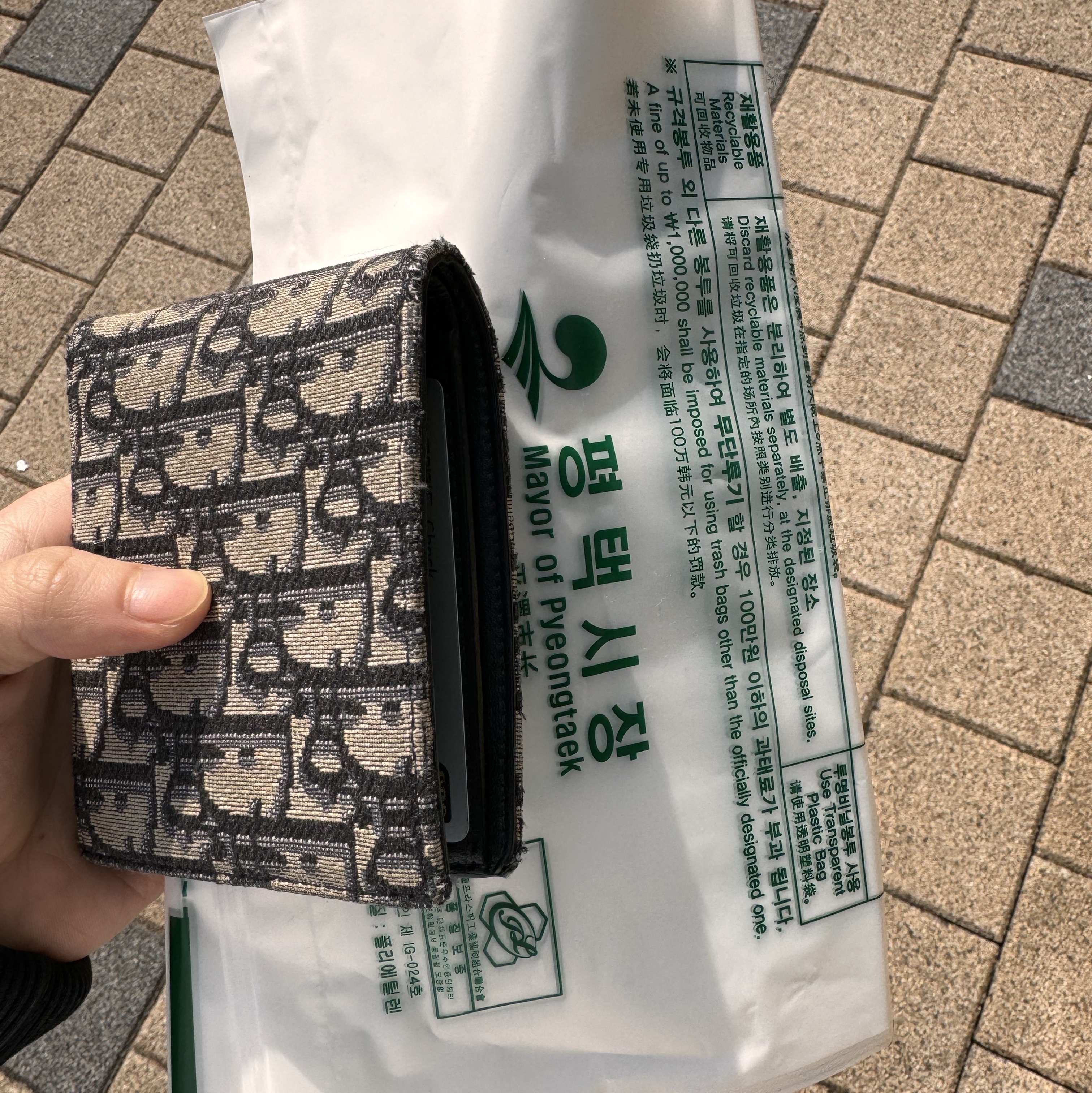 Dior Compact Wallet Beige & Black Dior Oblique Jacquard 착용 스타일