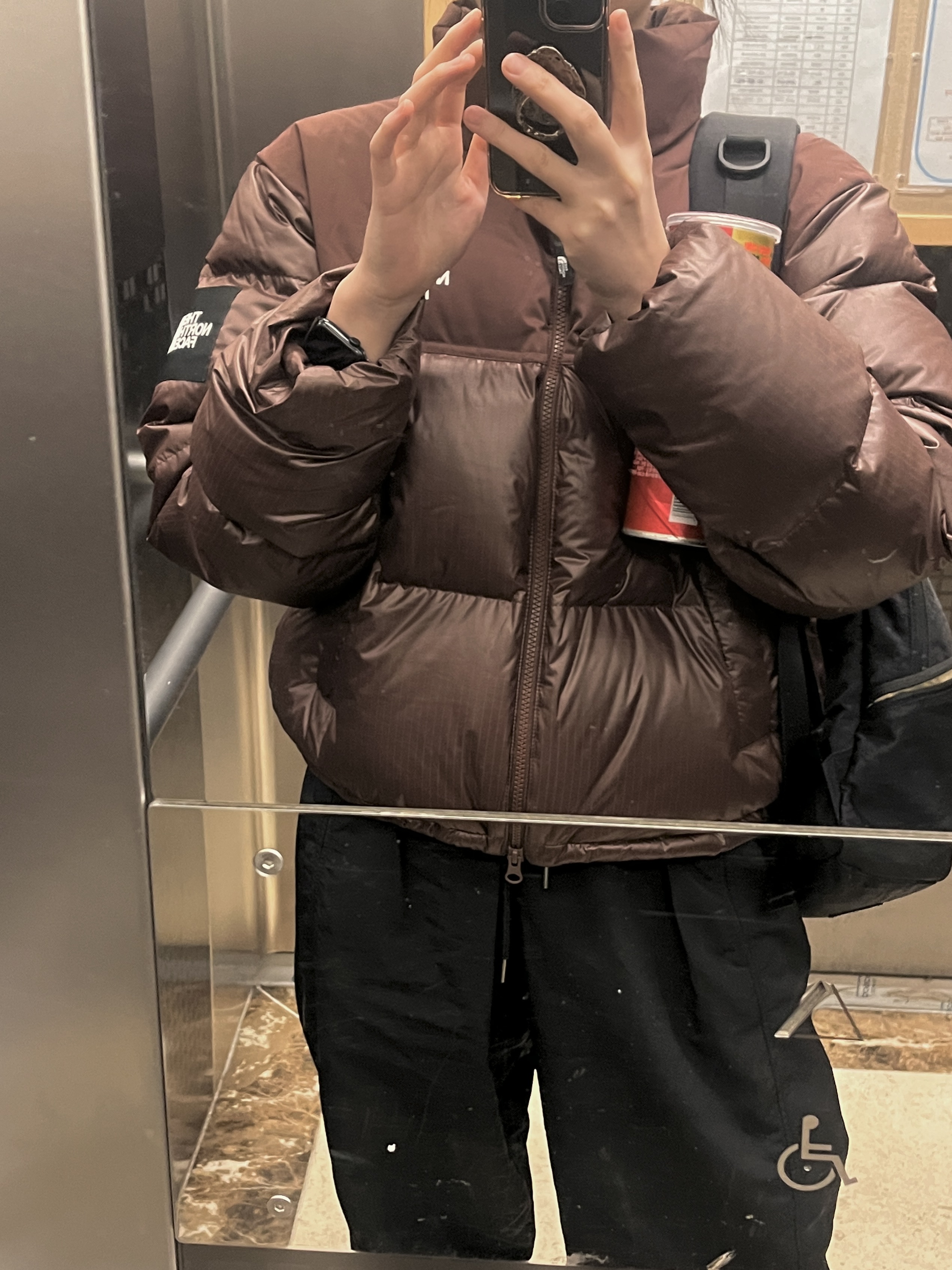 (W) The North Face White Label Novelty Nuptse Down Jacket Cocoa Brown 착용 스타일