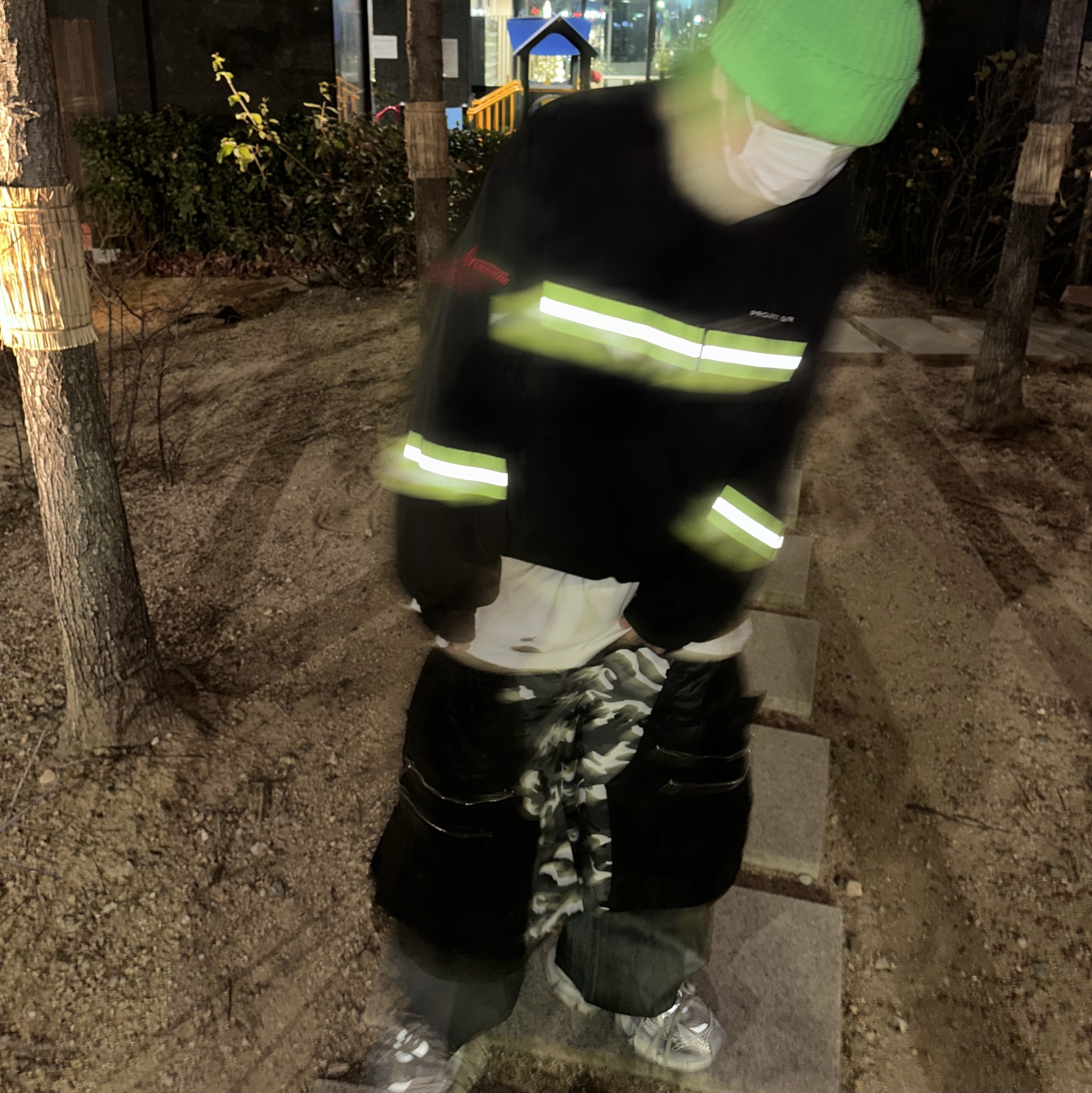 Project G/R Firefighter Track Jacket Black, Project G/R Coated Backward Denim Pants Blue 착용 스타일 - 3