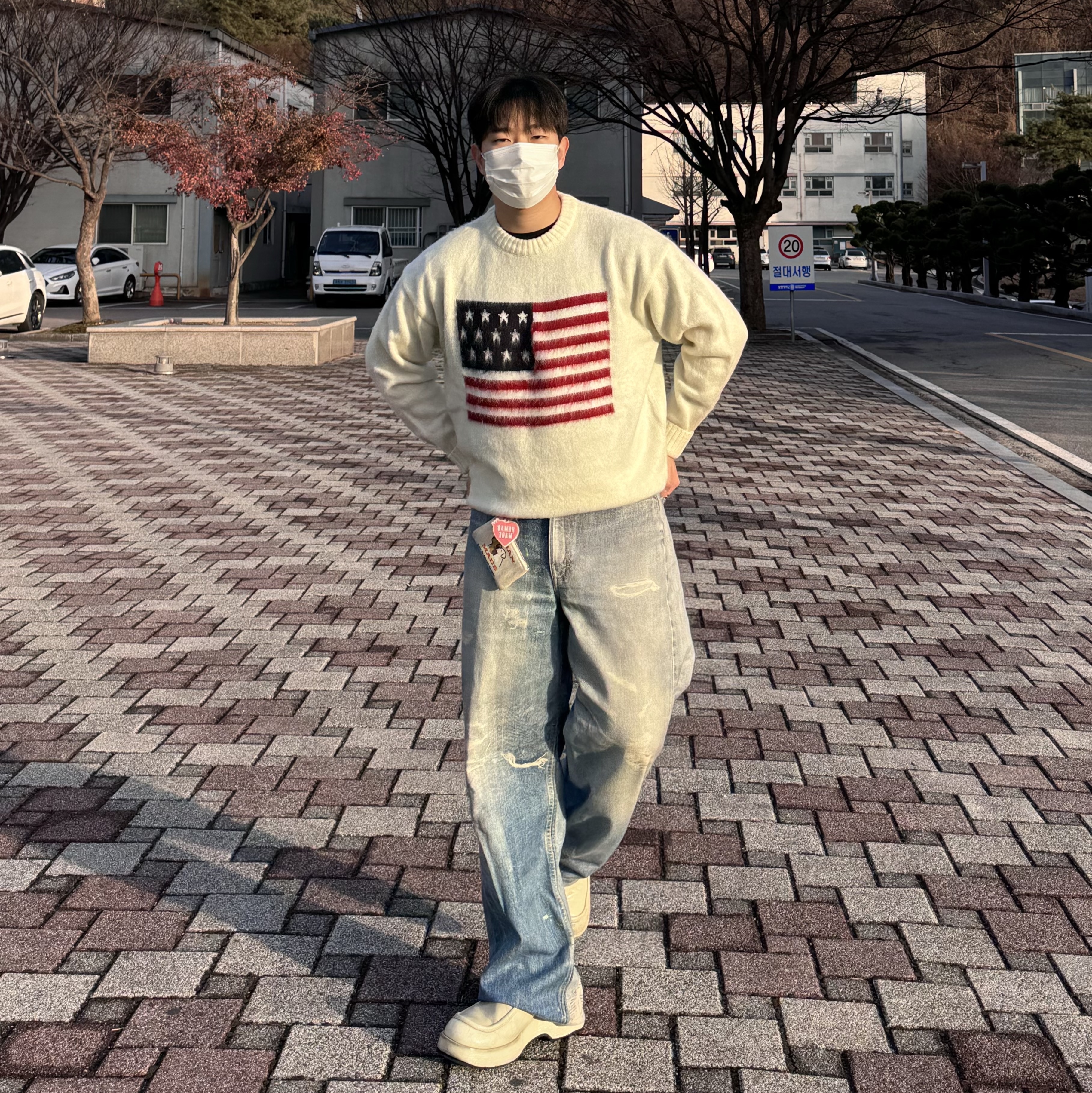Our Legacy Third Cut Digital Denim Print, Human Made Heart Keyring Red 착용 스타일 - 1