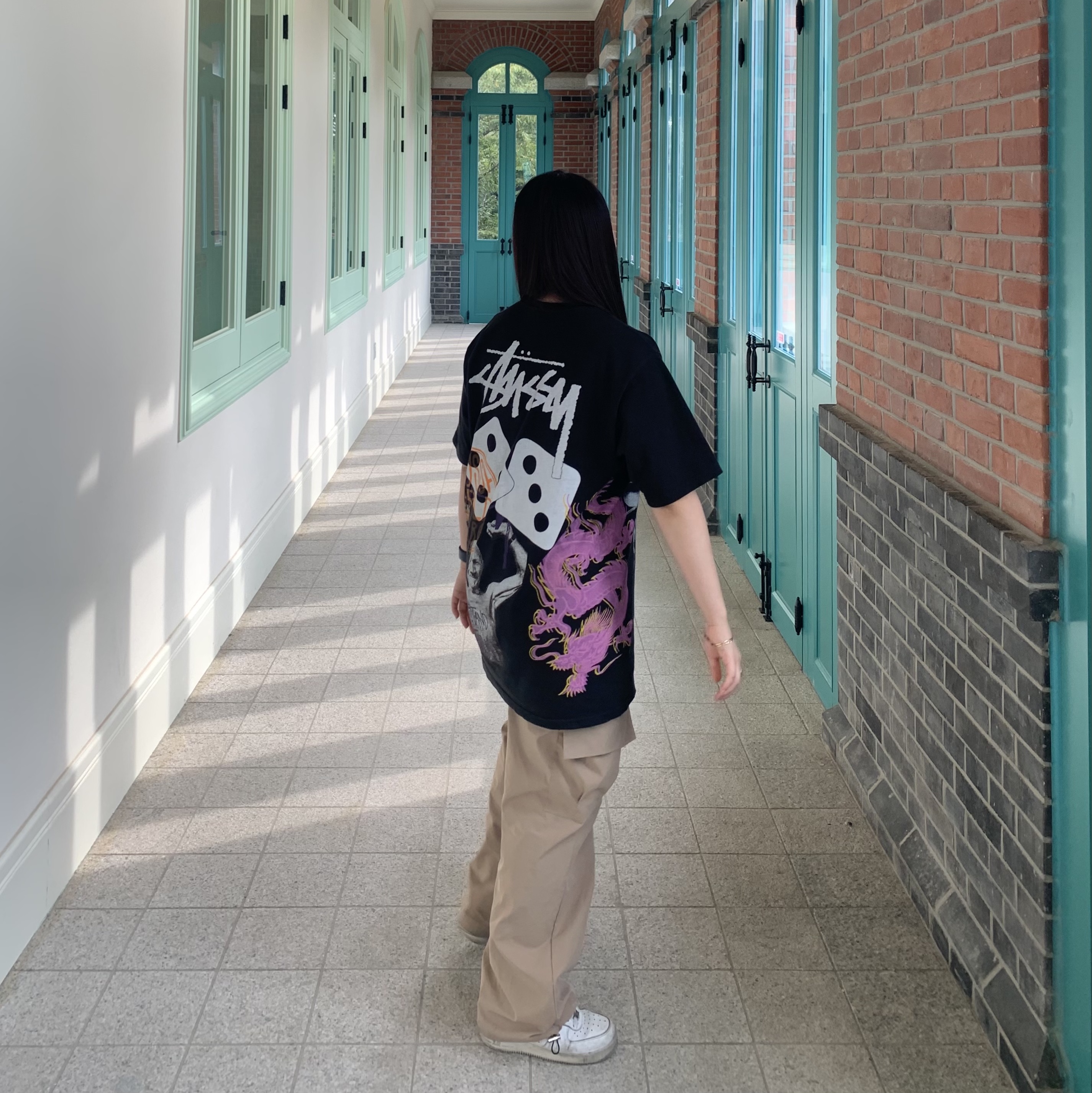 Stussy Strike Pigment Dyed T-Shirt Black, (W) Nike Air Force 1 '07 Low White 착용 스타일 - 4