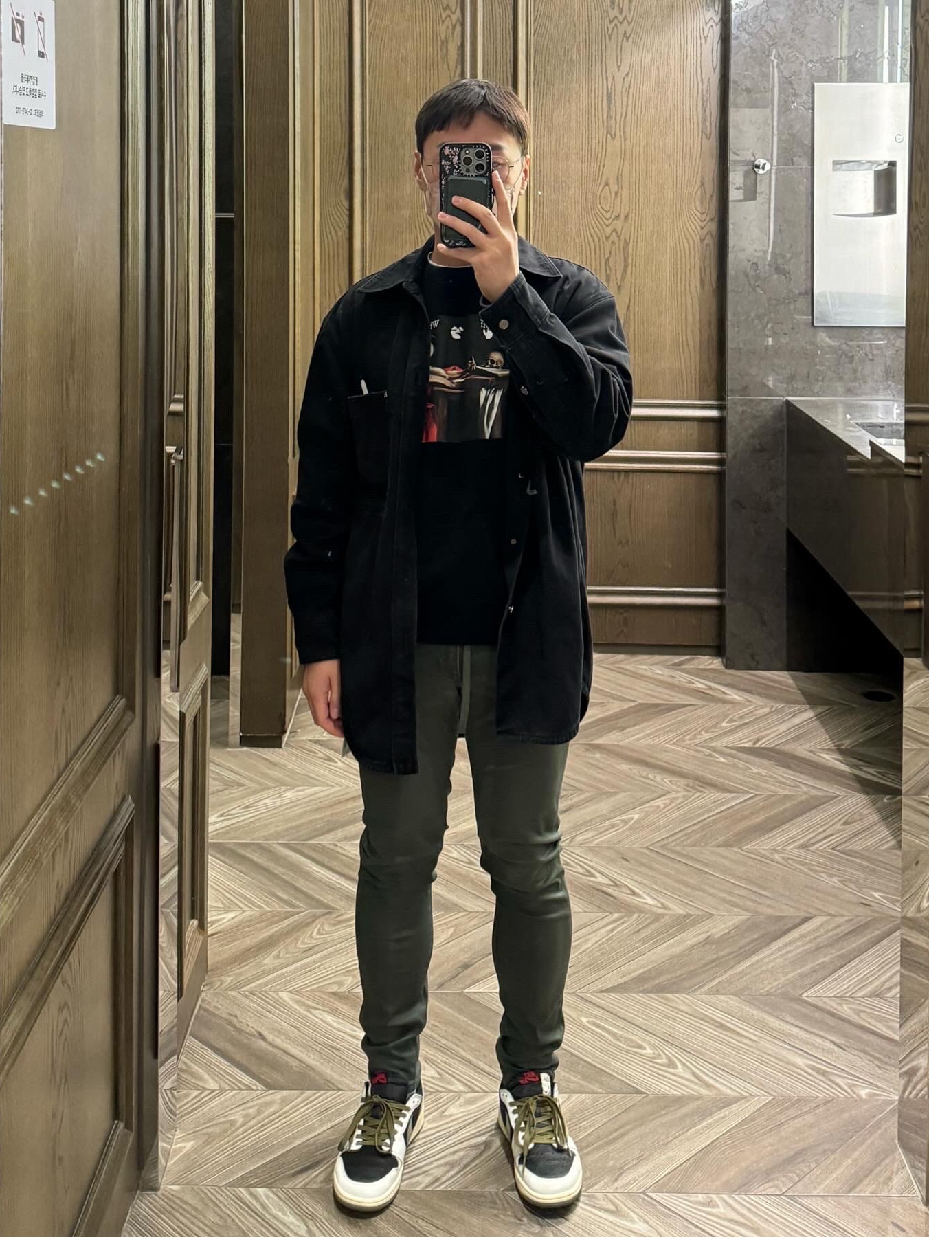 Wooyoungmi Embossing Back Logo Denim Shirt Black - 22SS, Off-White Caravaggio Painting Hoodie Black 착용 스타일 - 2