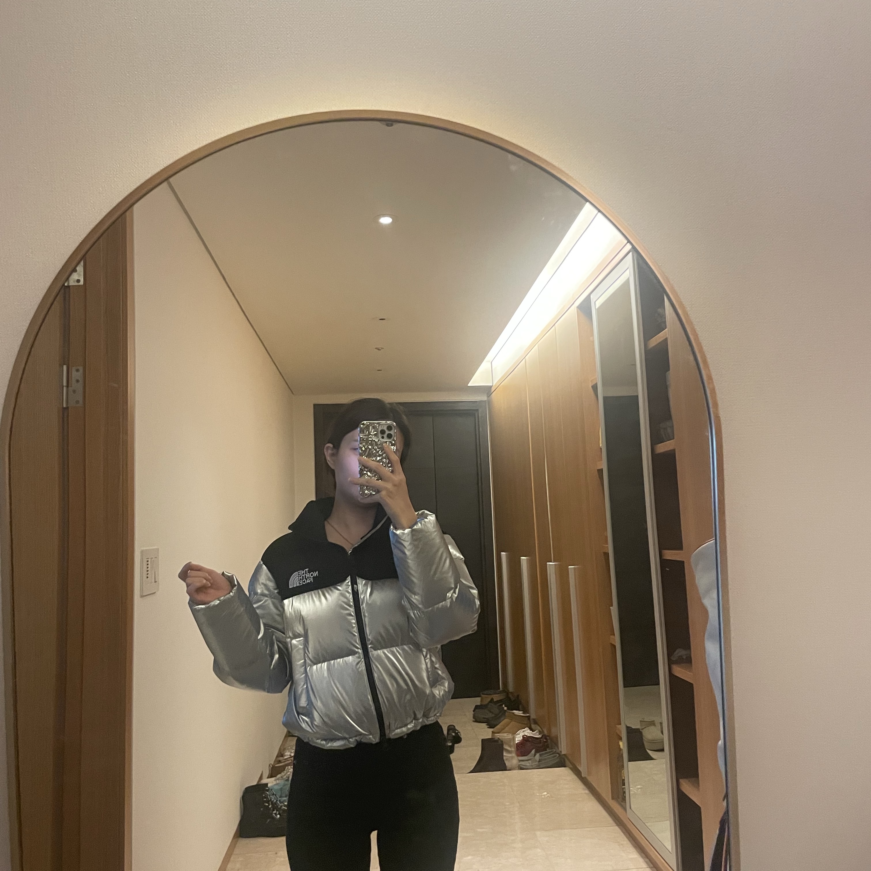 (W) The North Face White Label Novelty Nuptse Down Jacket SE Silver 착용 스타일 - 2