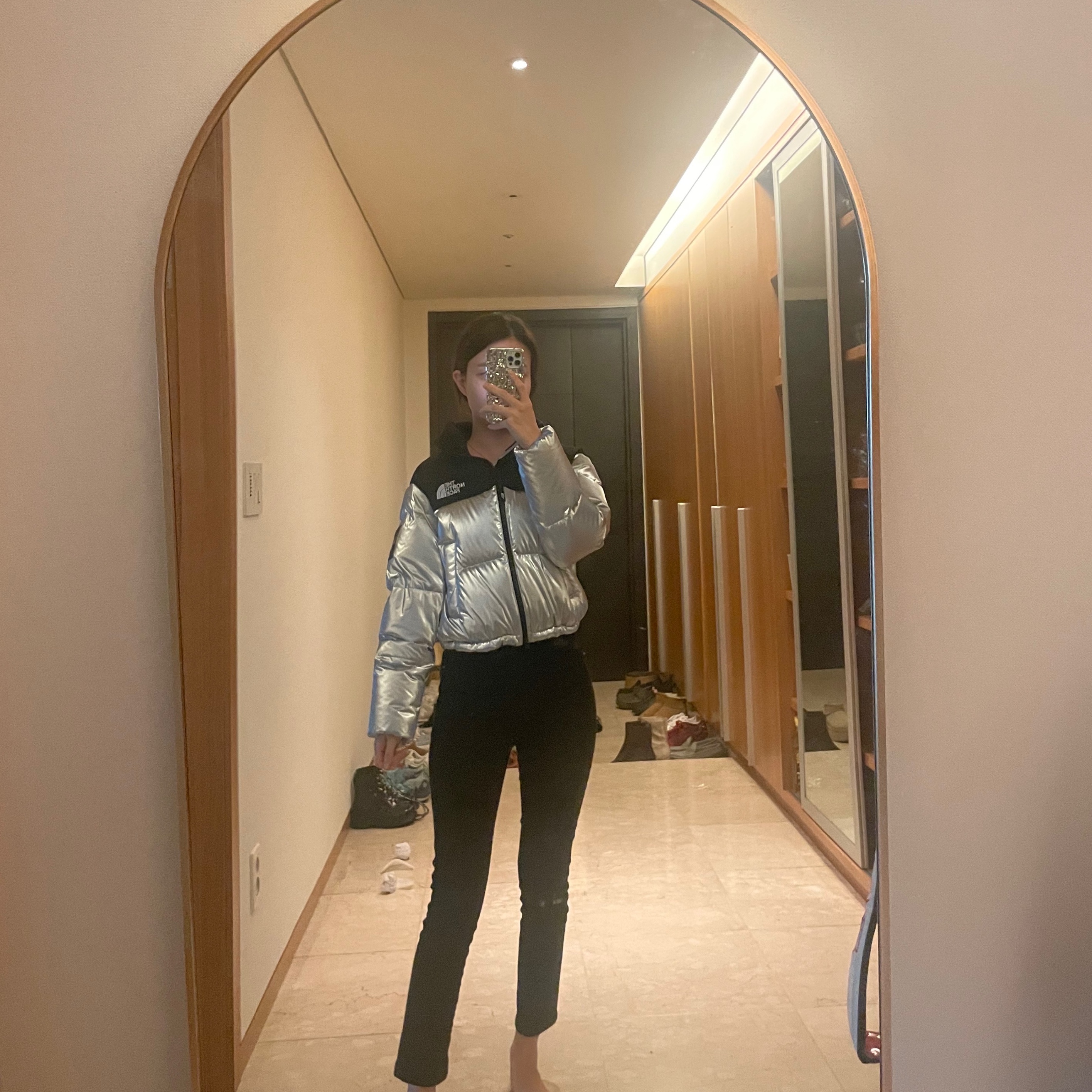 (W) The North Face White Label Novelty Nuptse Down Jacket SE Silver 착용 스타일 - 1
