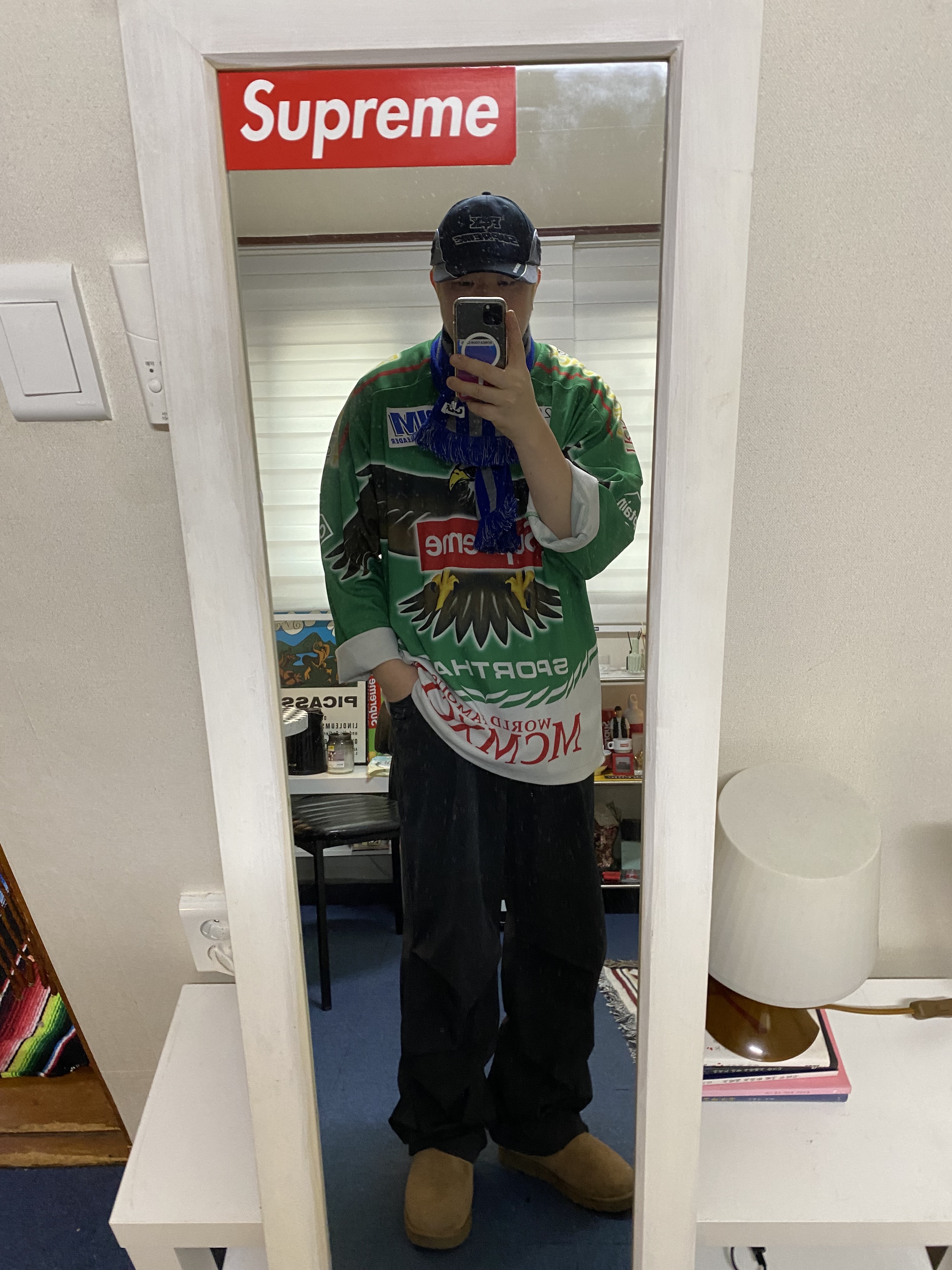 Supreme Fox Racing 6-Panel Black - 23FW, CDG Logo Check Muffler Blue 착용 스타일