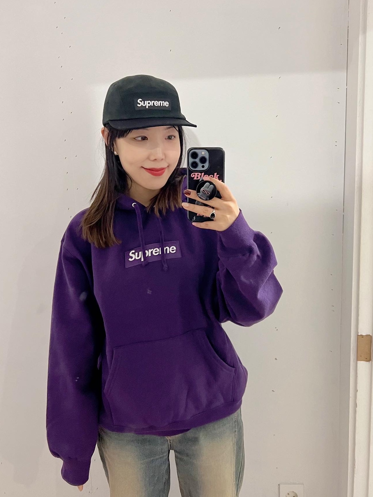 Supreme 2-Tone Camp Cap Black - 23FW, Supreme Box Logo Hooded Sweatshirt Dark Purple - 23FW 착용 스타일