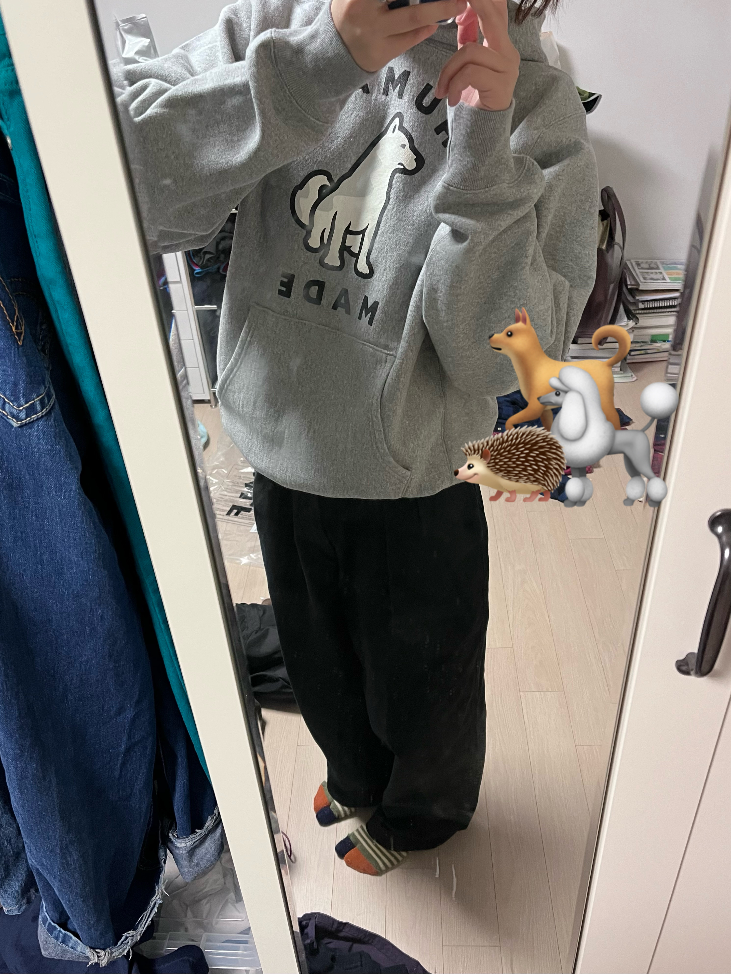 Human Made Worksout 20th Anniversary Jindo Dog Heavy Weight Hoodie Grey 착용 스타일