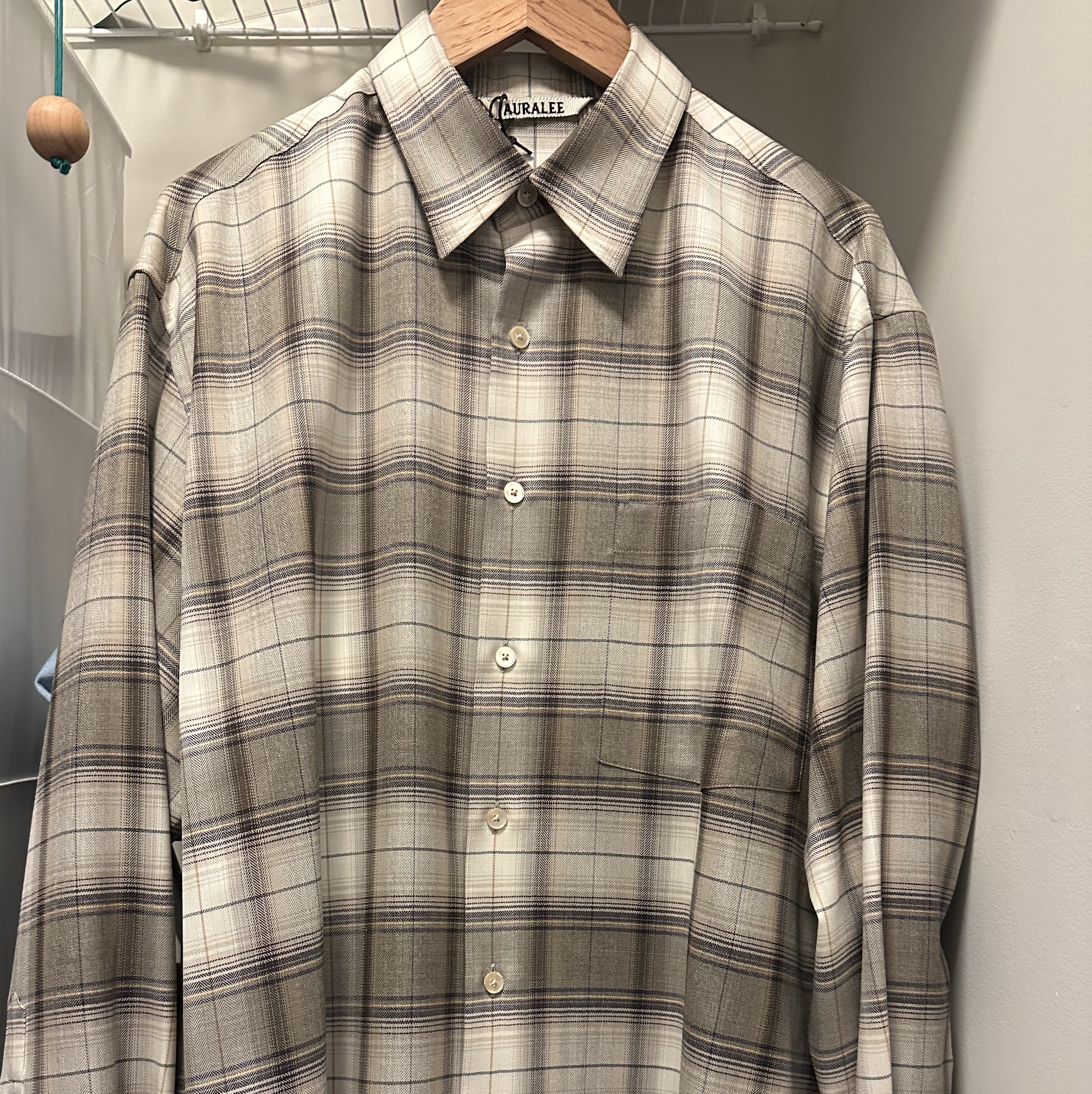 Auralee Super Light Wool Check Shirt Light Brown Check - 23AW 착용 스타일