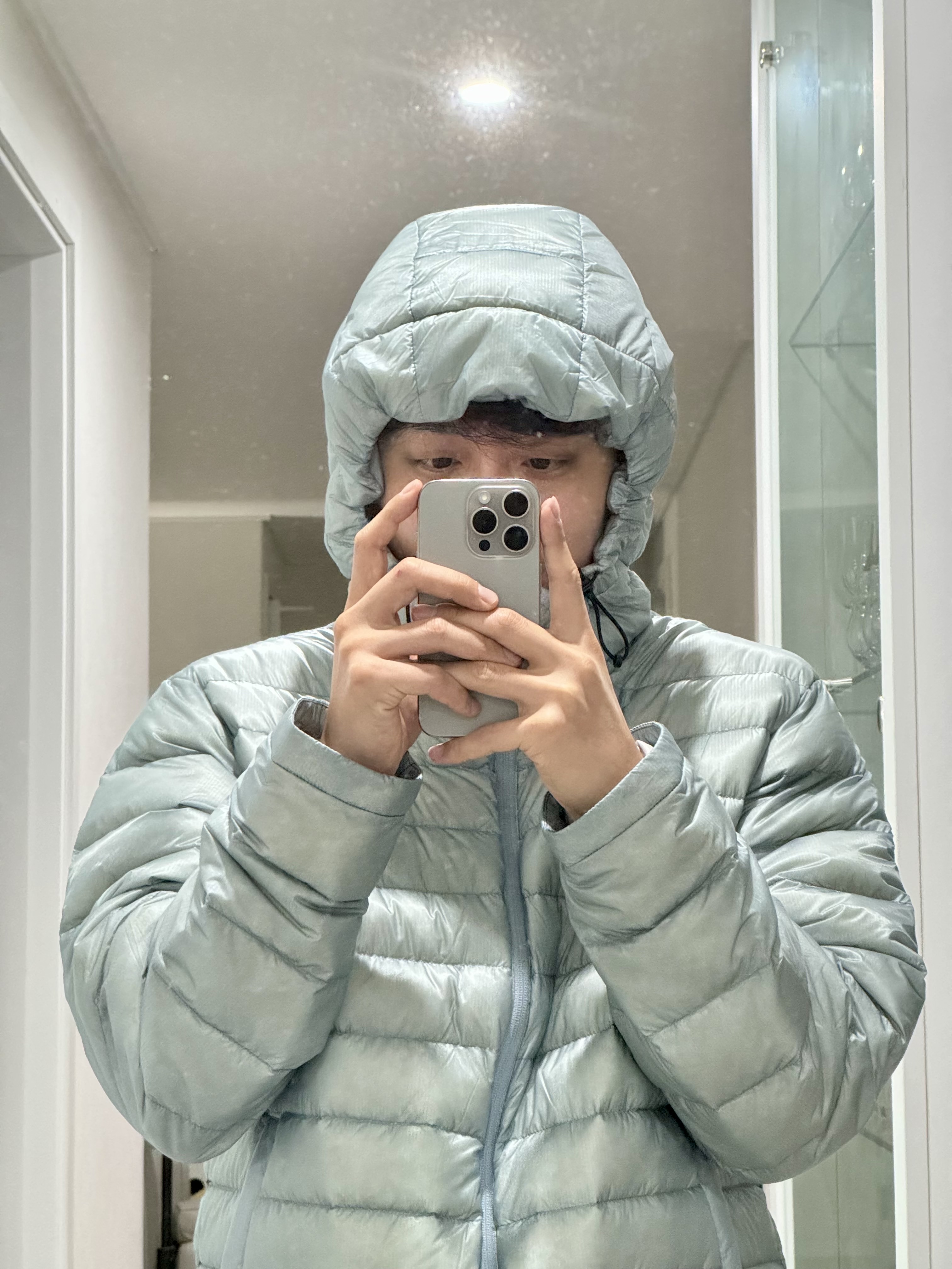 Sansan Gear Suffix Puffer Jacket Sky Blue - 23FW 착용 스타일 - 2