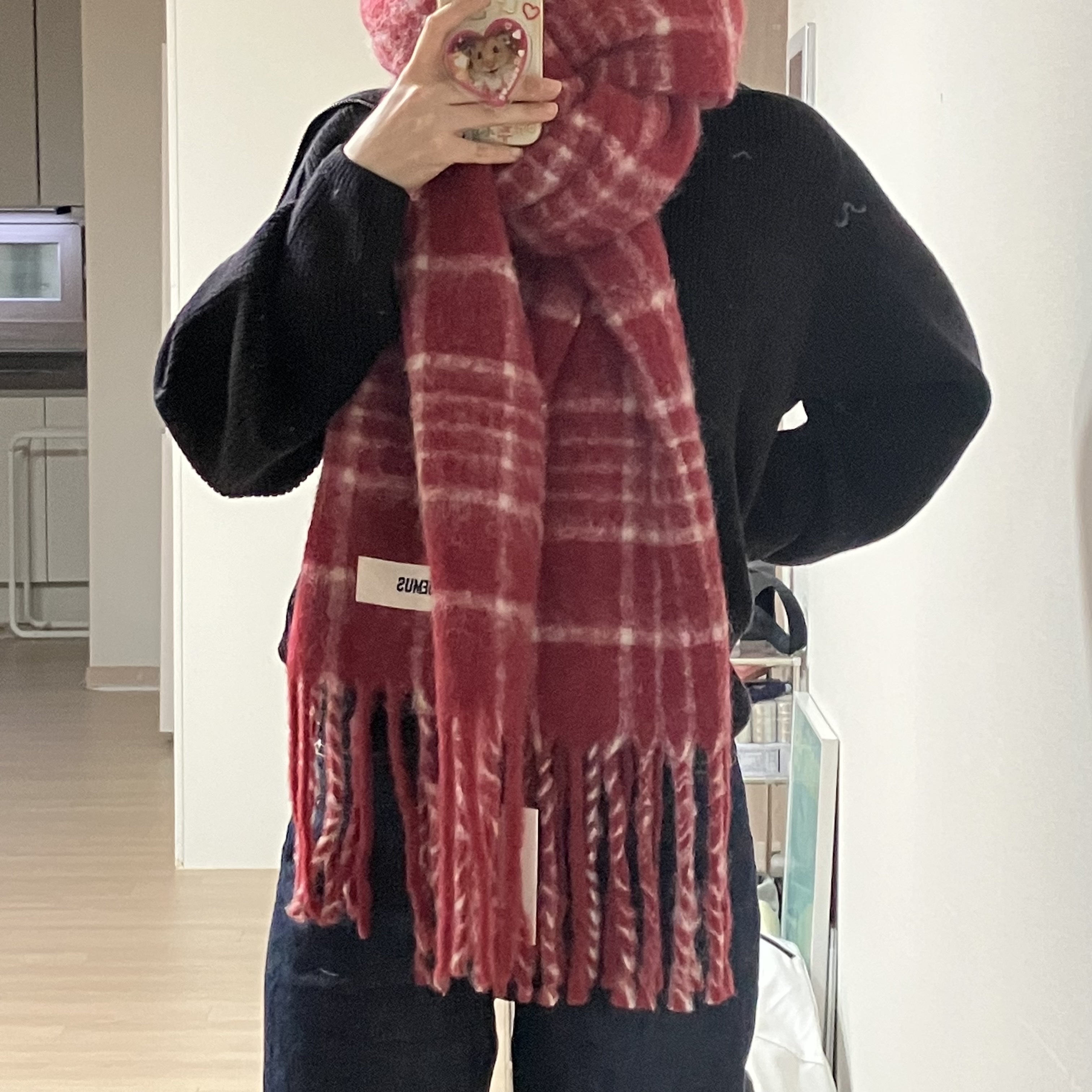 Jacquemus L’echarpe Carro Le Chouchou Jacquard Check Muffler Dark Red, Auralee Hard Twist Denim 5P Pants Indigo 착용 스타일 - 1
