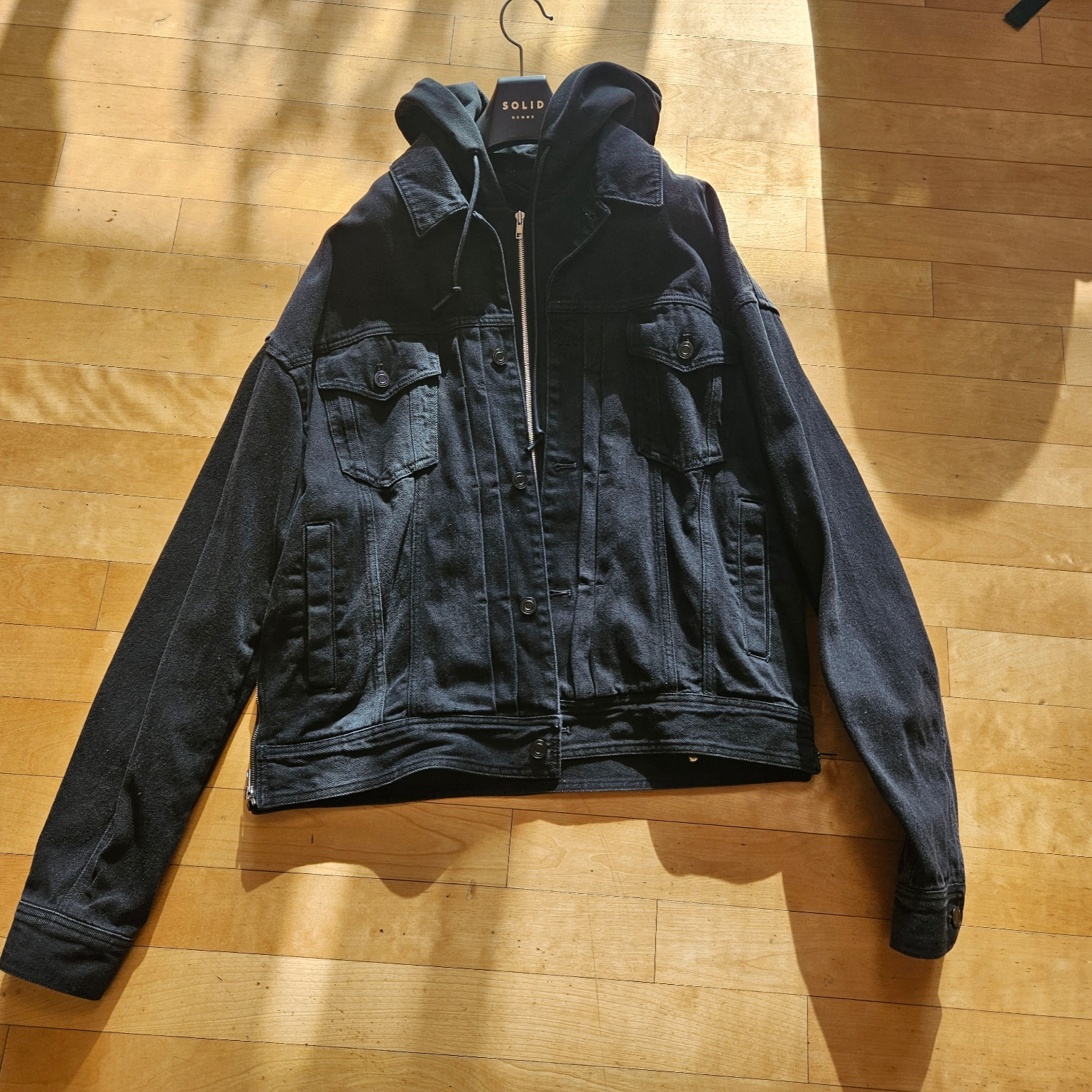 Juun.J Jersey Hooded Detachable Denim Long Trucker Grey - 23FW 착용 스타일