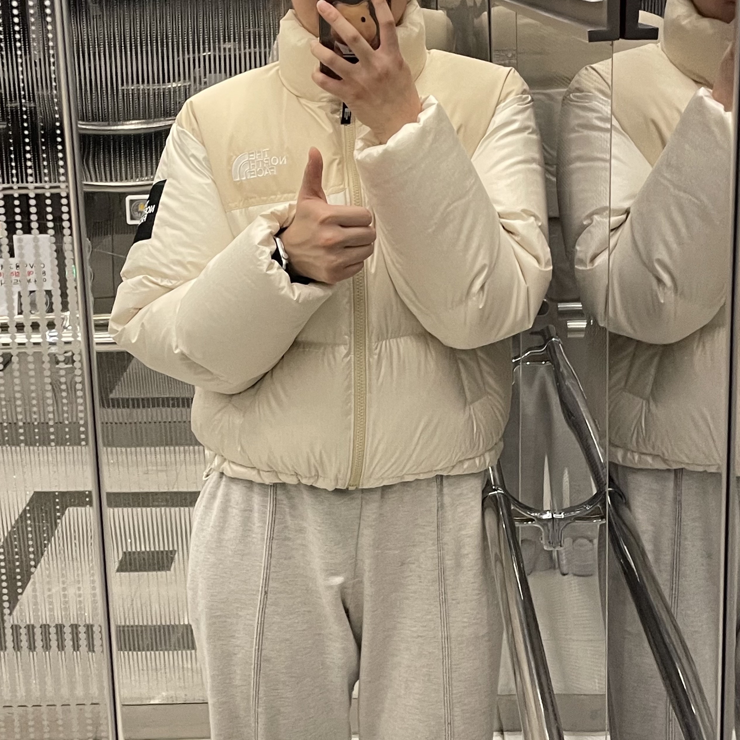 (W) The North Face White Label Novelty Nuptse Down Jacket Cream 착용 스타일