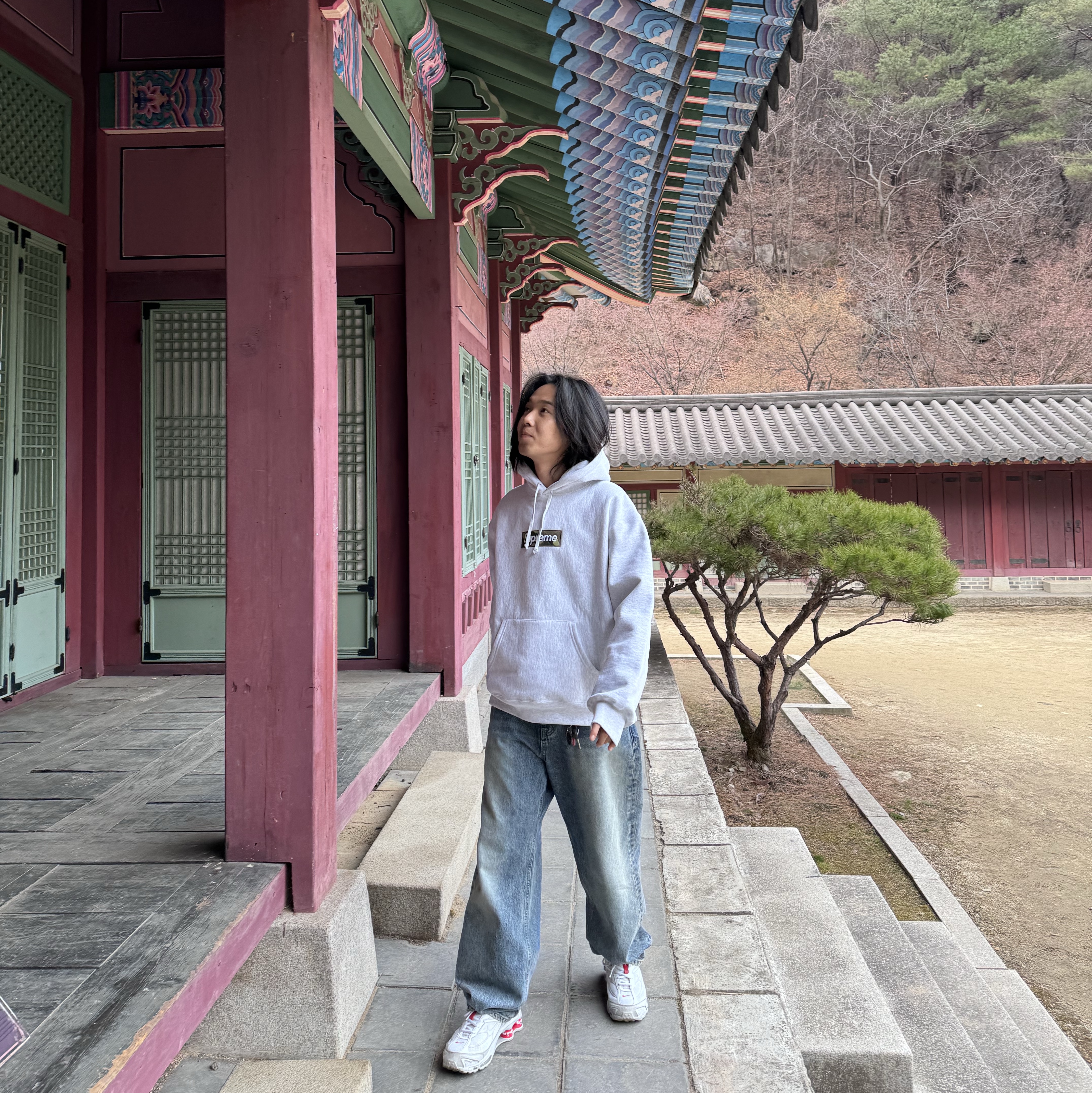 Supreme Box Logo Hooded Sweatshirt Ash Grey - 23FW, Supreme x The North Face Paper Print Nuptse Jacket - 19FW 착용 스타일 - 2