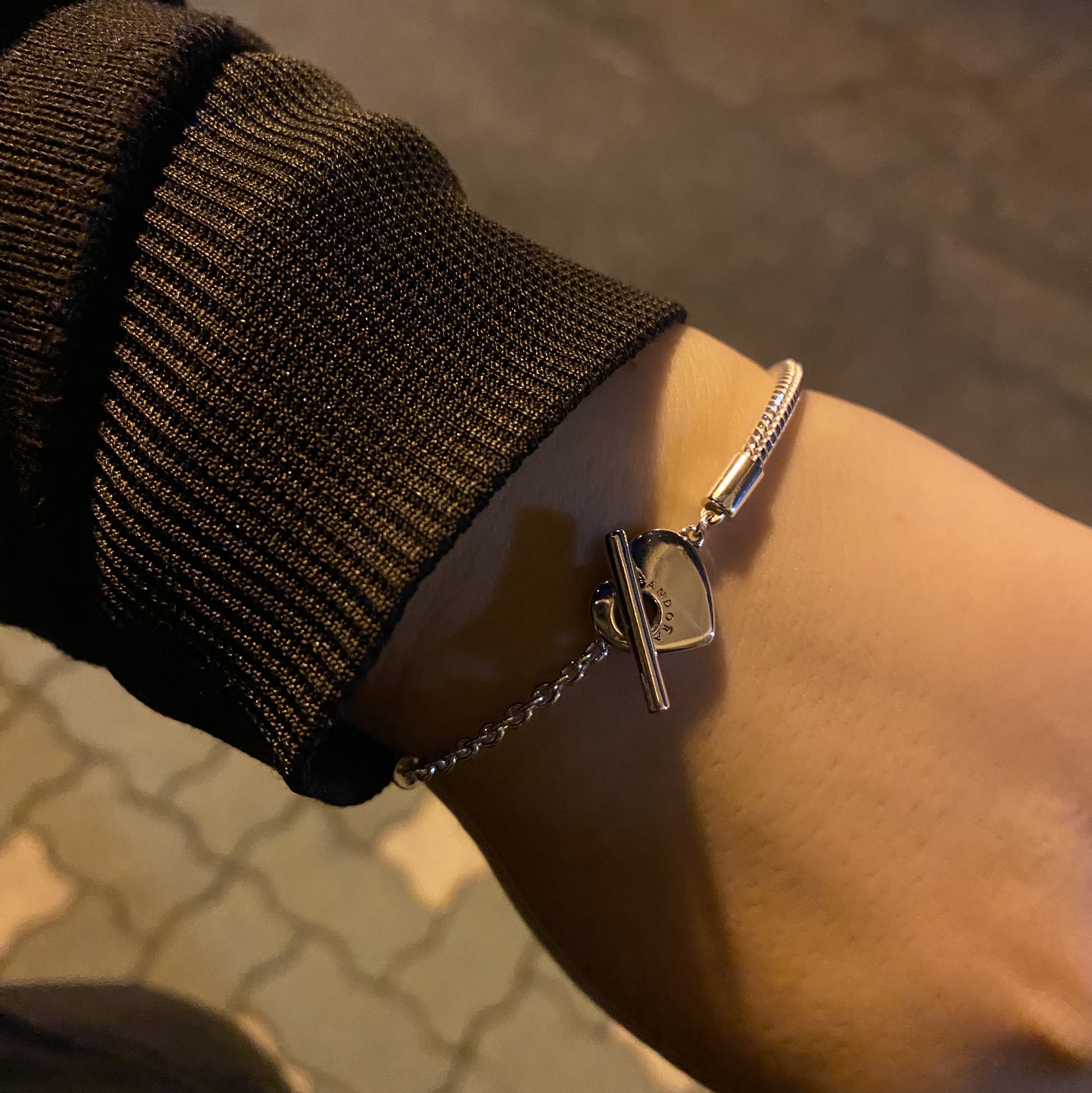 (W) Pandora Moments Heart T-Bar Snake Chain Bracelet Sterling Silver 착용 스타일