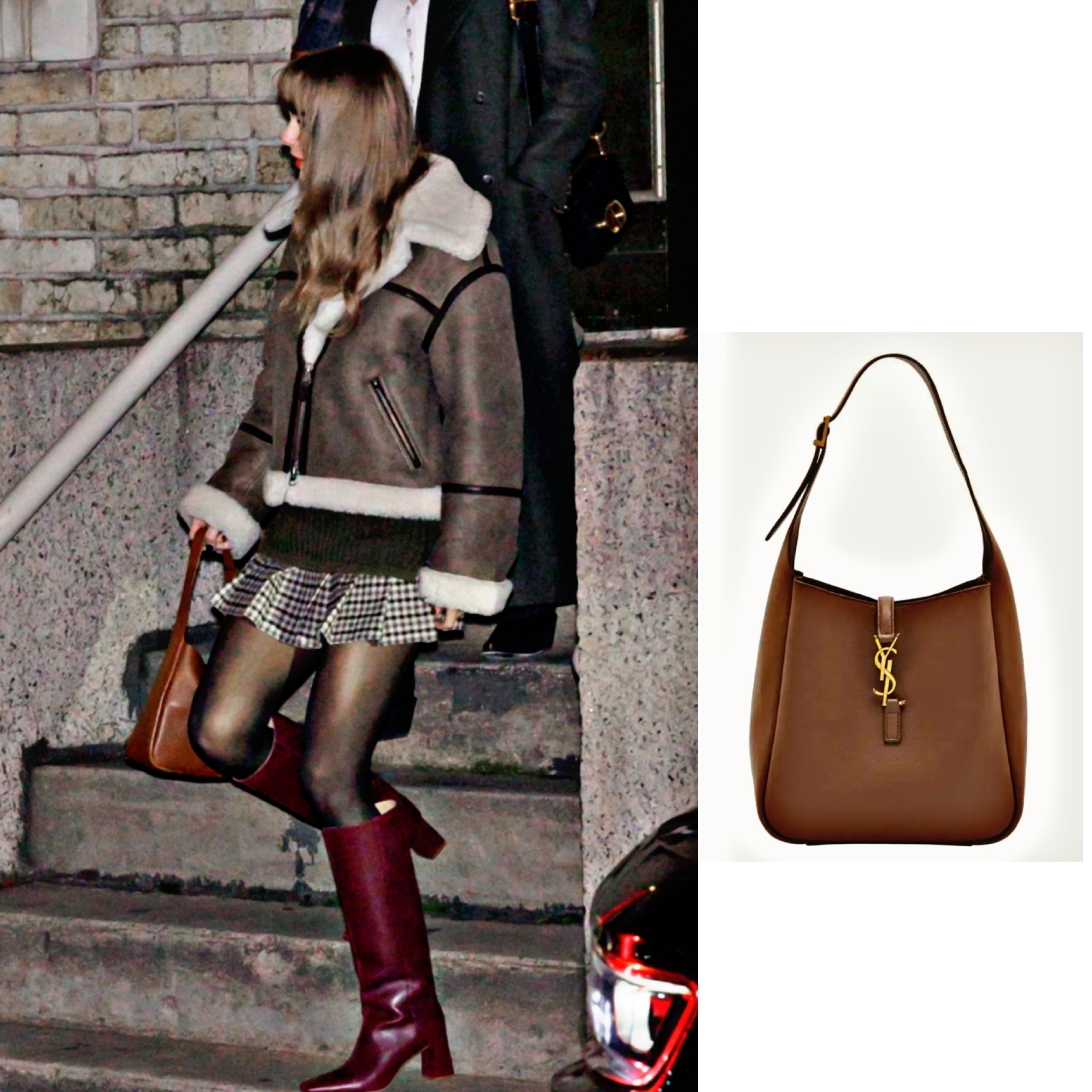 Saint Laurent Bronze Monogram Le 5 A 7 Hobo Bag in Smooth Leather Dune, Saint Laurent Bronze Monogram Le 5 A 7 Hobo Bag Vegetable Tanned Leather Brown Gold 착용 스타일 - 1