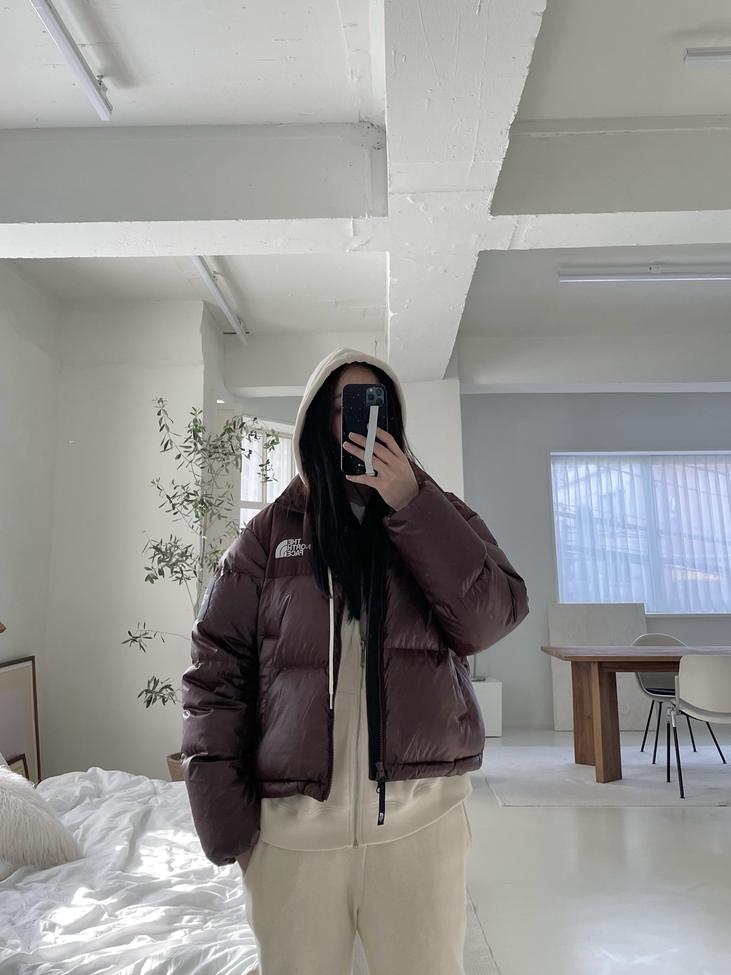 (W) The North Face White Label Novelty Nuptse Down Jacket Cocoa Brown 착용 스타일 - 2
