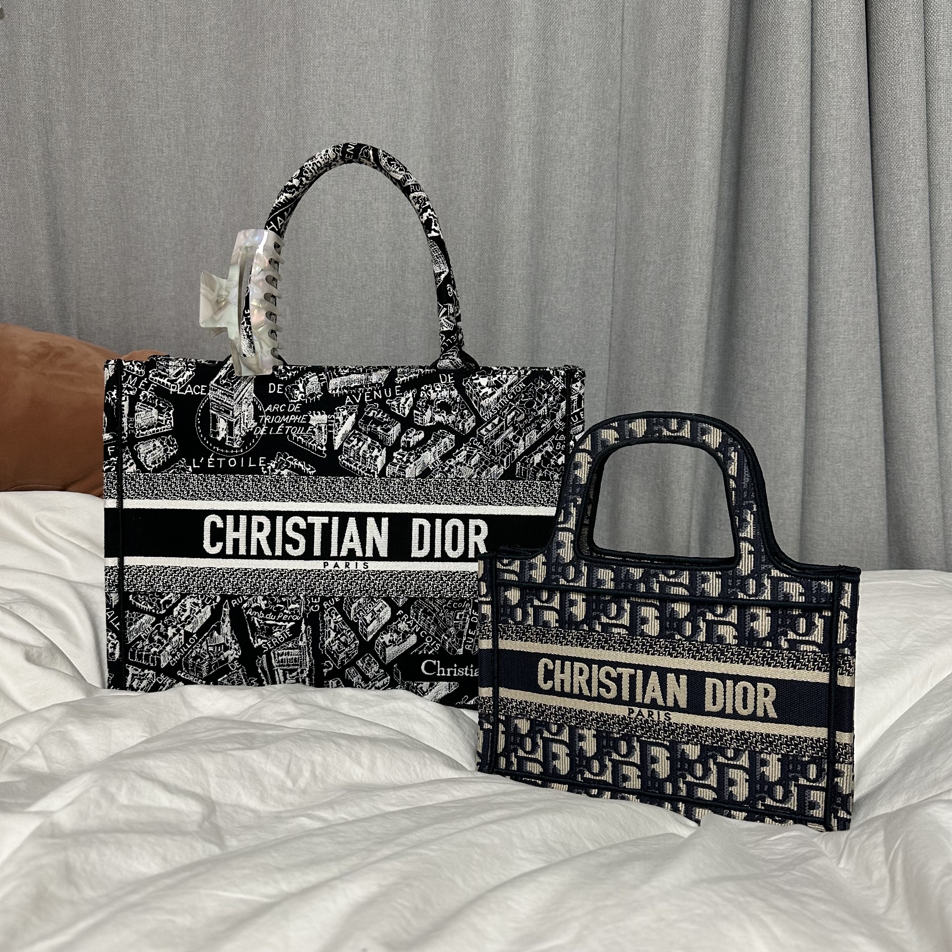 Dior Medium Dior Book Tote Black White Plan De Paris Embroidery, Dior Mini Book Tote Blue Dior Oblique Embroidery 착용 스타일