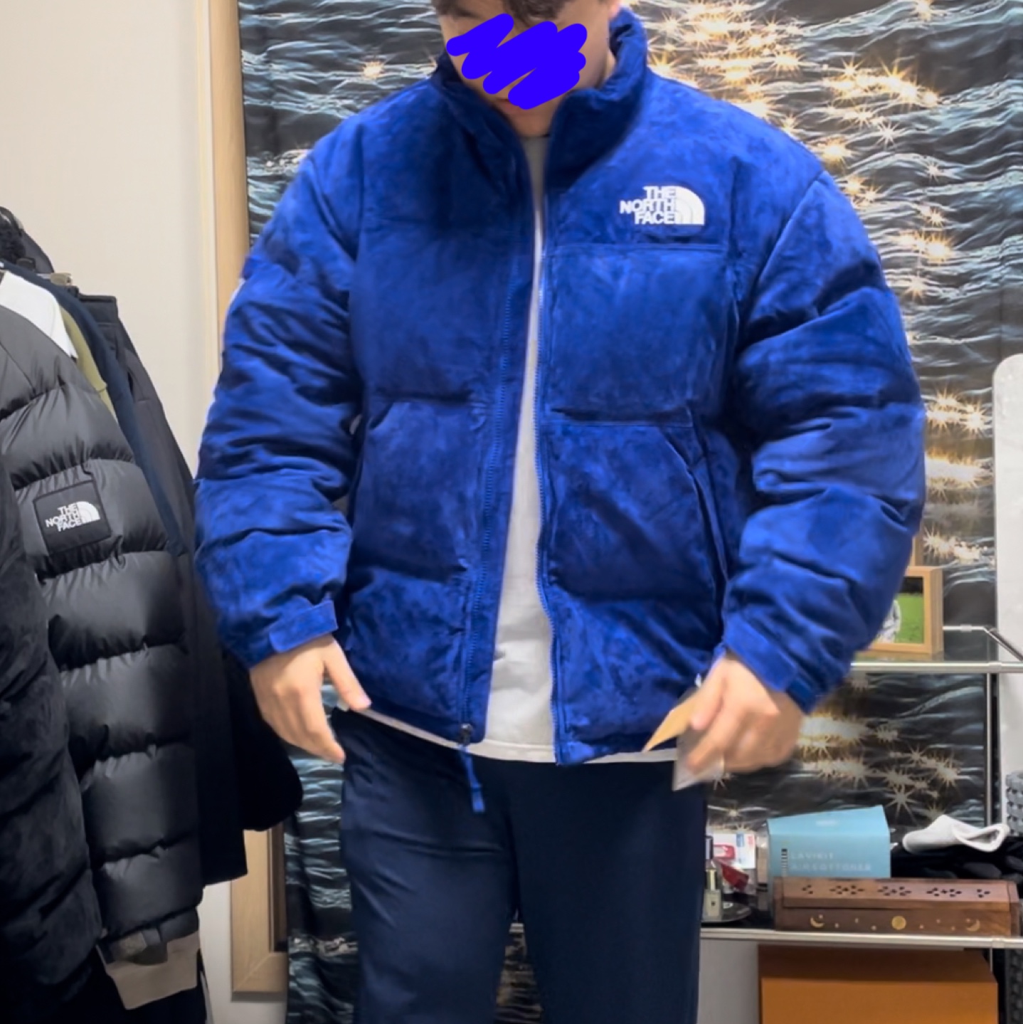 Supreme x The North Face Suede Nuptse Jacket Blue - 23FW 착용 스타일 - 1