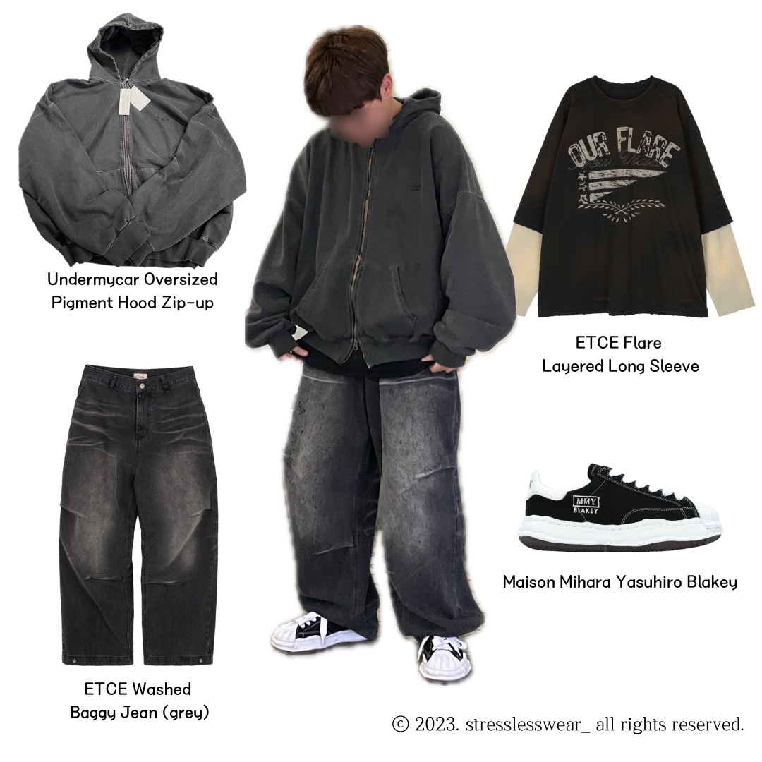 Maison Mihara Yasuhiro Blakey OG Sole Canvas Low-top Sneakers Black White, Undermycar Mu.11 Anti Fxxking Logo Play Oversized Pigment Hood Zip-up Gray 착용 스타일