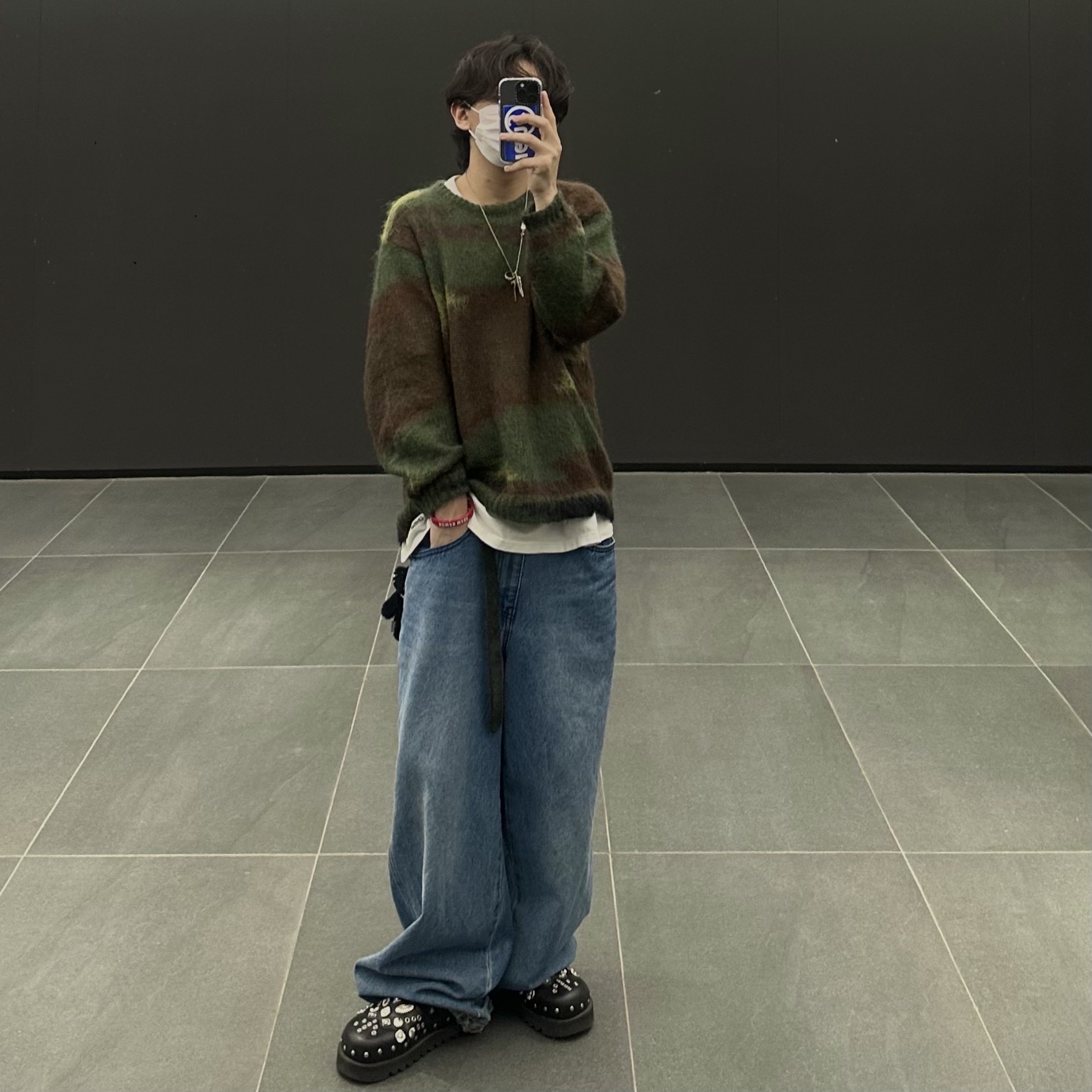 Supreme x Comme des Garcons Junya Watanabe Man Brushed Camo Sweater Olive - 21FW, Human Made Acrylic Bangle #2 Red 착용 스타일