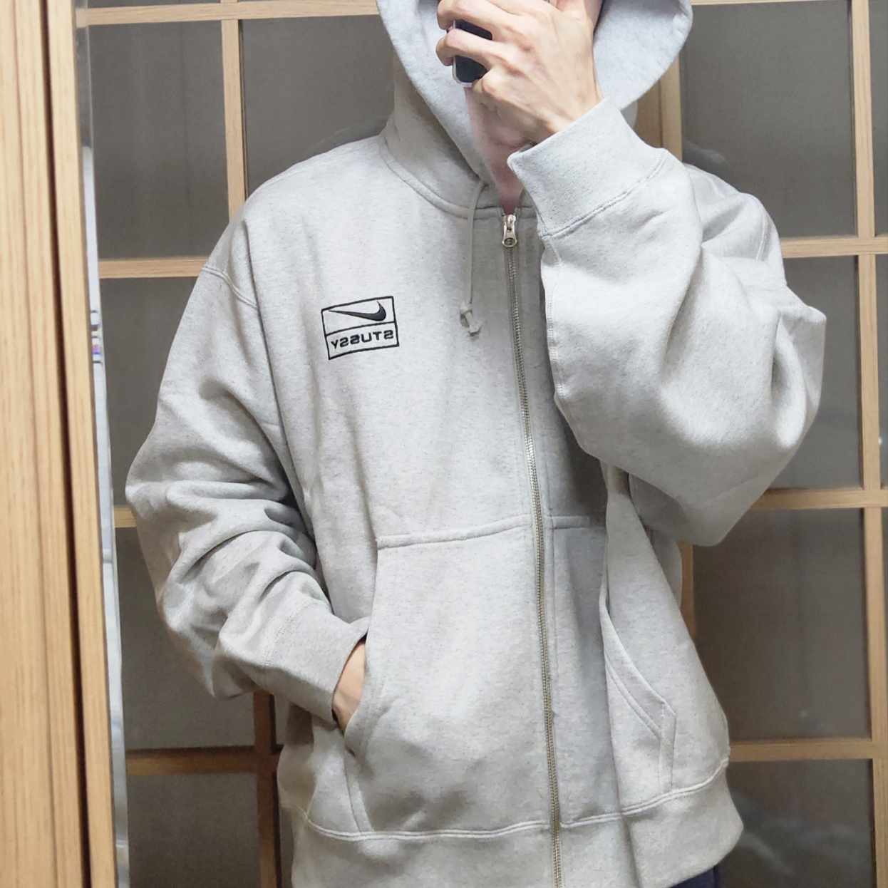 Nike x Stussy Full Zip Fleece Hoodie Grey Heather (FJ9181-050) 착용 스타일