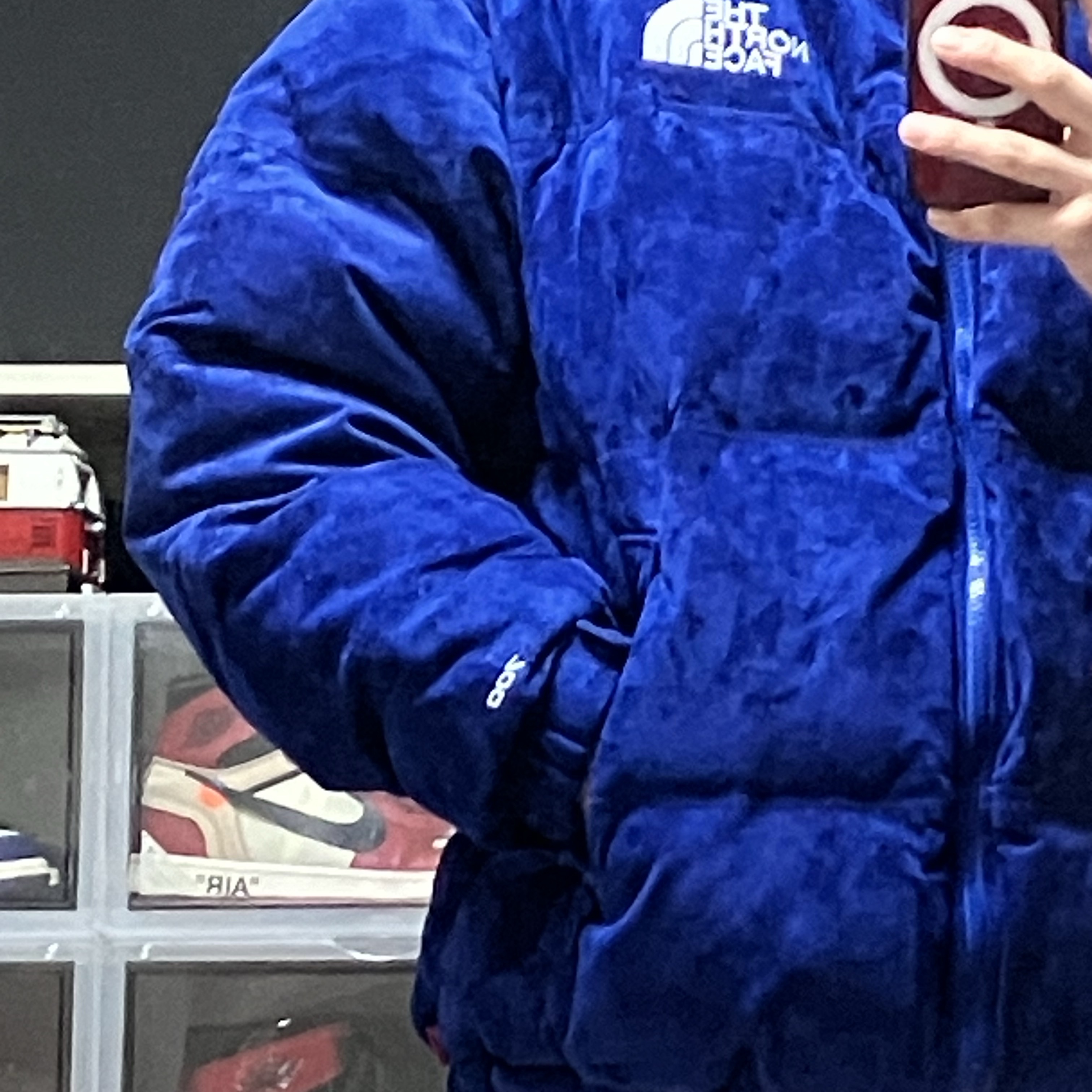 Supreme x The North Face Suede Nuptse Jacket Blue - 23FW 착용 스타일 - 2