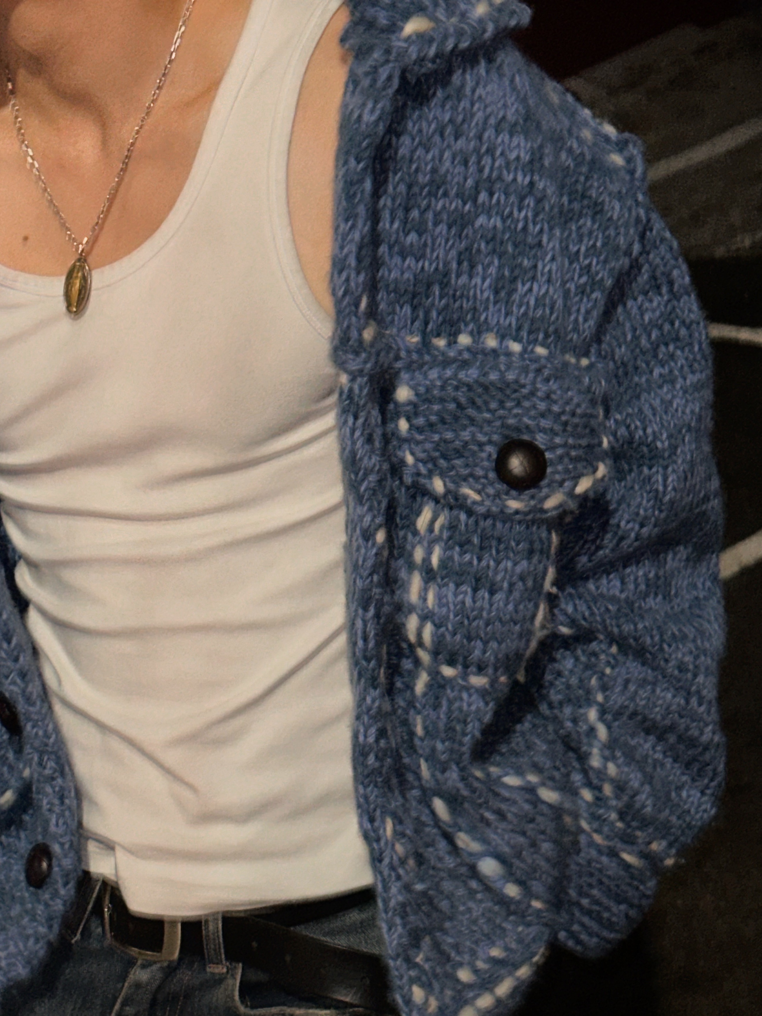 Kapital Wool Hand Knit Cowichan G Jean Navy 착용 스타일 - 3