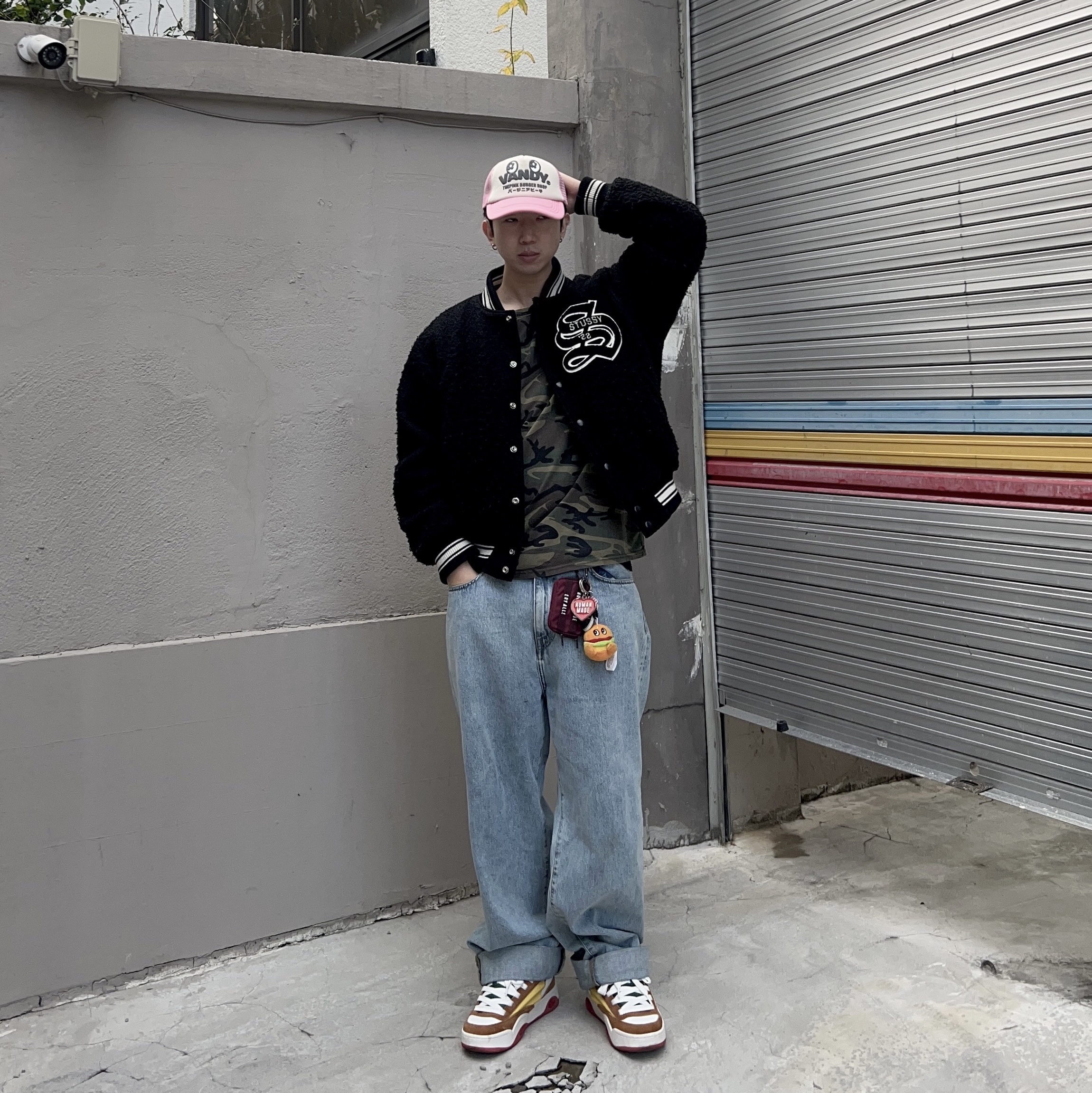 Stussy Casentino Wool Varsity Jacket Black, Human Made Military Card Case Red 착용 스타일 - 1