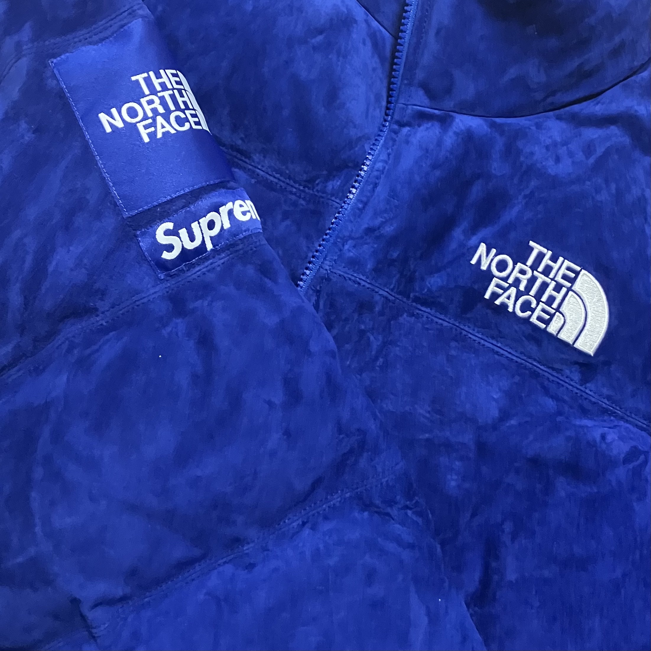 Supreme x The North Face Suede Nuptse Jacket Blue - 23FW 착용 스타일 - 1