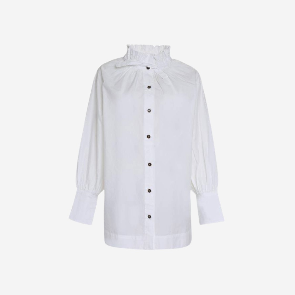 (W) Ganni Ruffle Highneck Cotton Poplin Shirt Bright White 상세 이미지 1