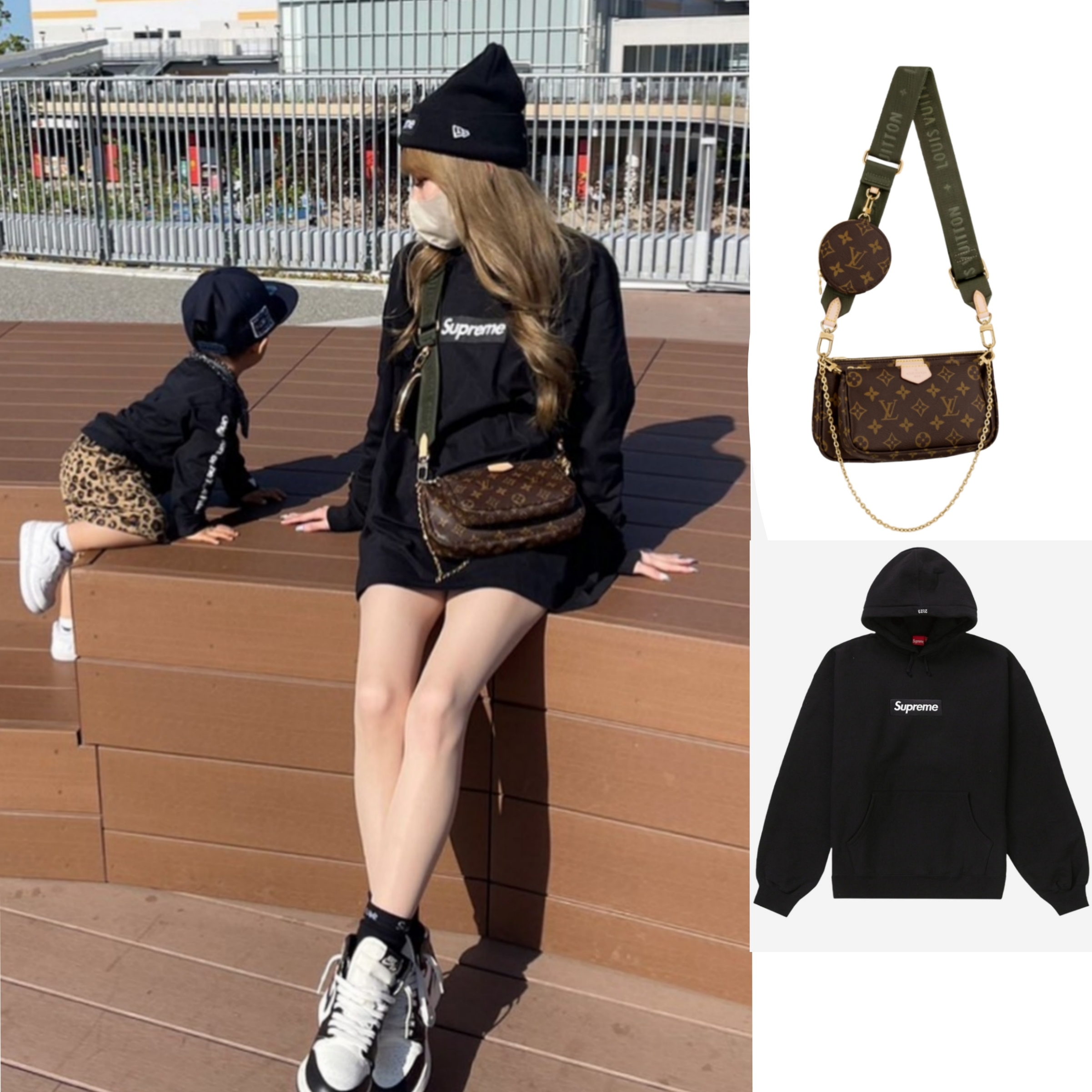 Louis Vuitton Multi Pochette Accessoires Monogram Khaki, Supreme Box Logo Hooded Sweatshirt Black - 23FW 착용 스타일