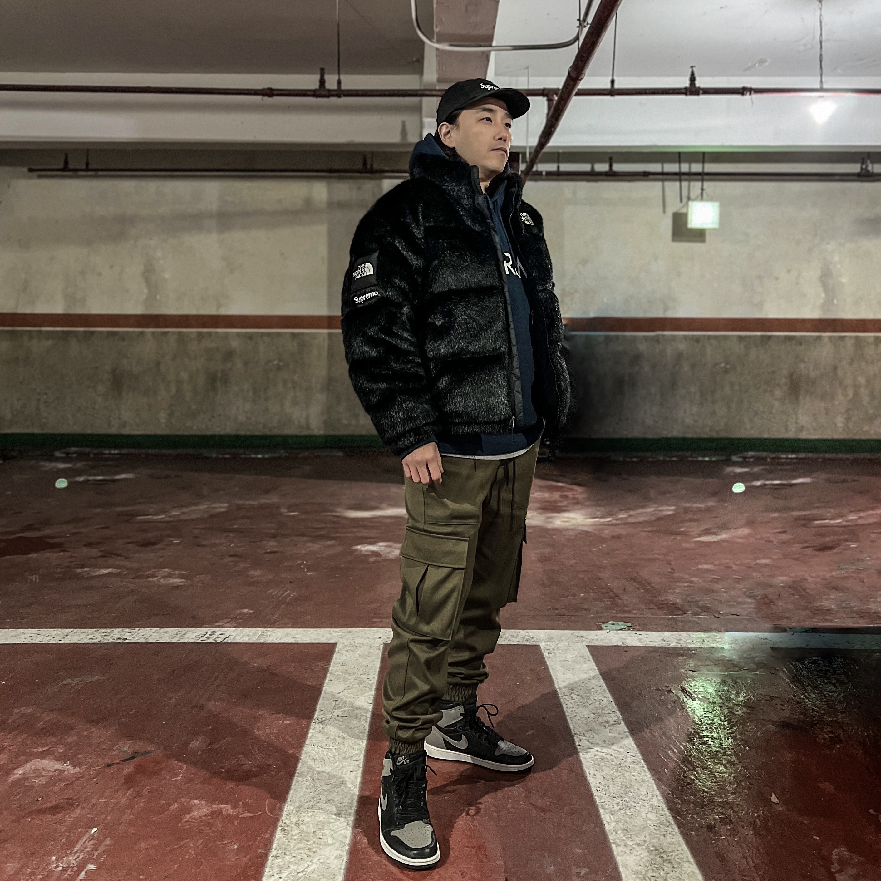 Supreme Washed Chino Twill Camp Cap Black, Supreme x The North Face Faux Fur Nuptse Jacket Black - 20FW 착용 스타일
