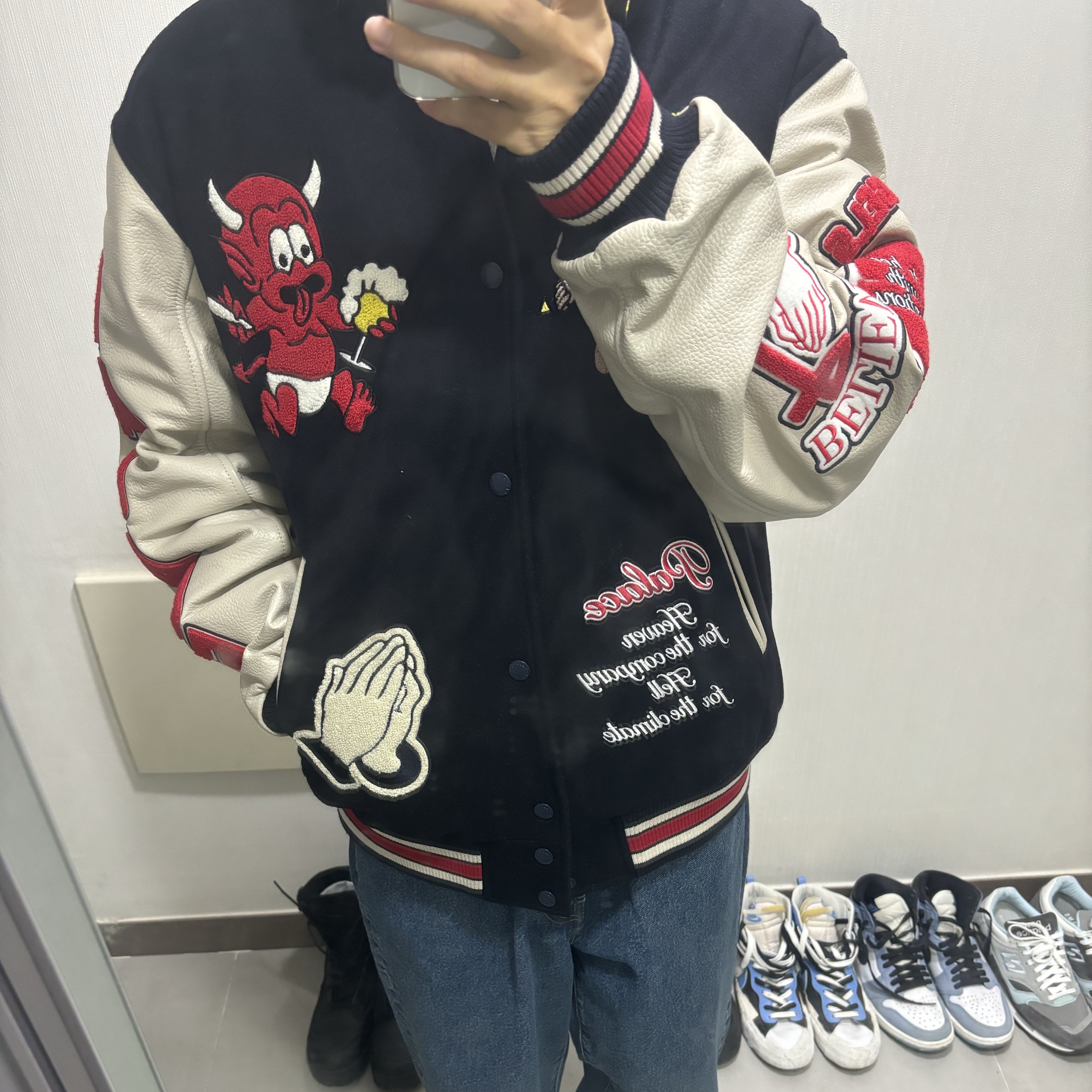 Palace Fallen Angels Varsity Jacket Navy - 23SS 착용 스타일