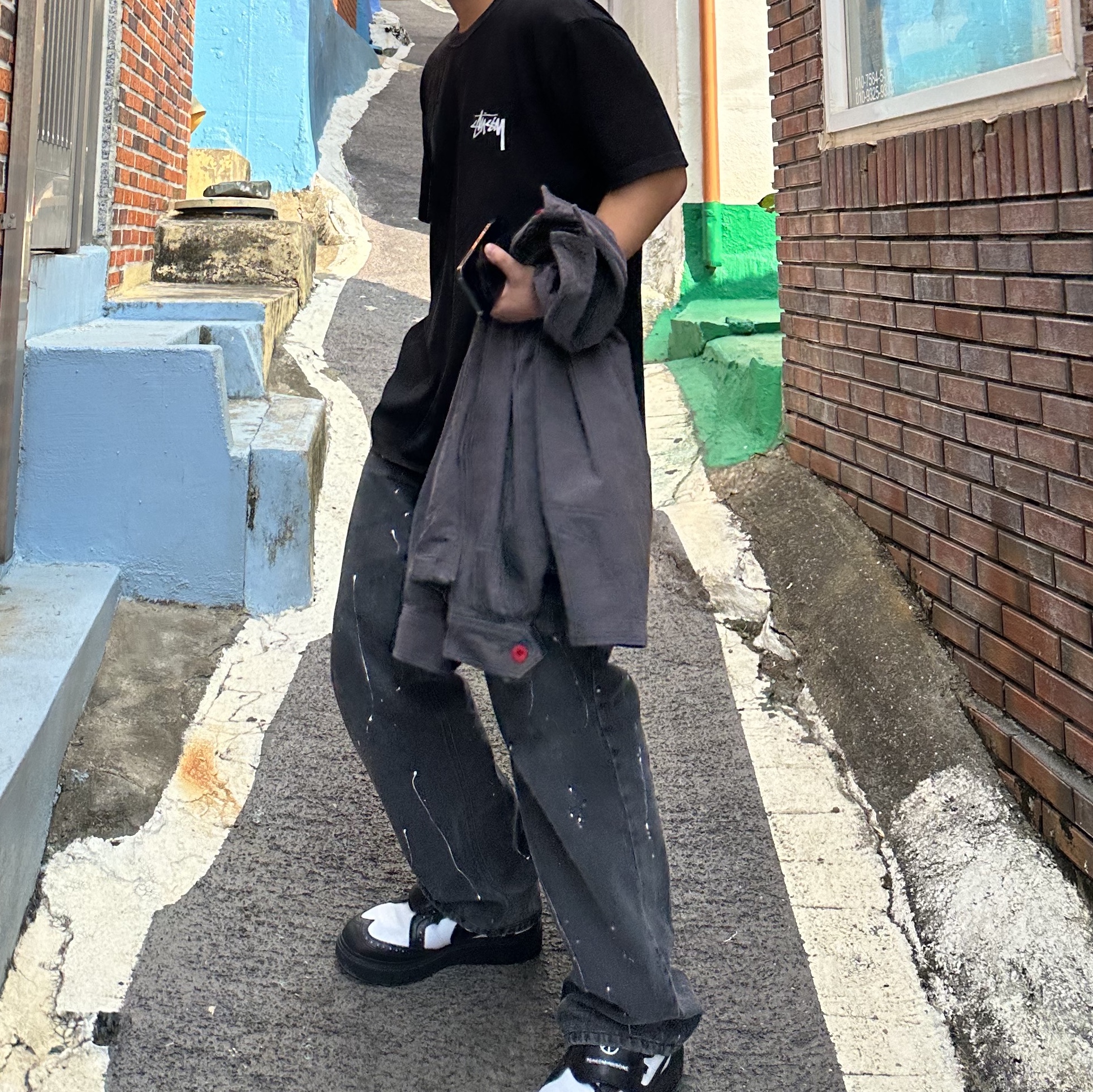 Nike x Peaceminusone Kwondo1 Black and White, Stussy Higher State T-Shirt Black 착용 스타일